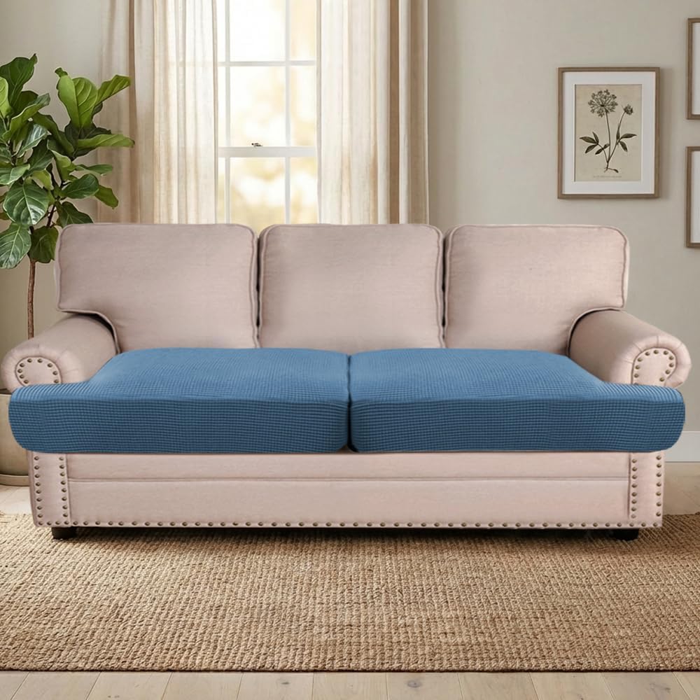 H.VERSAILTEX Stretch 2 Piece T Cushion Sofa Slipcovers Individually Sofa Cushion Covers for 2 Cushion Couch Sofa Seat Cushion Covers with Elastic Bands Featuring Thicker Jacquard Fabric, Dusty Blue