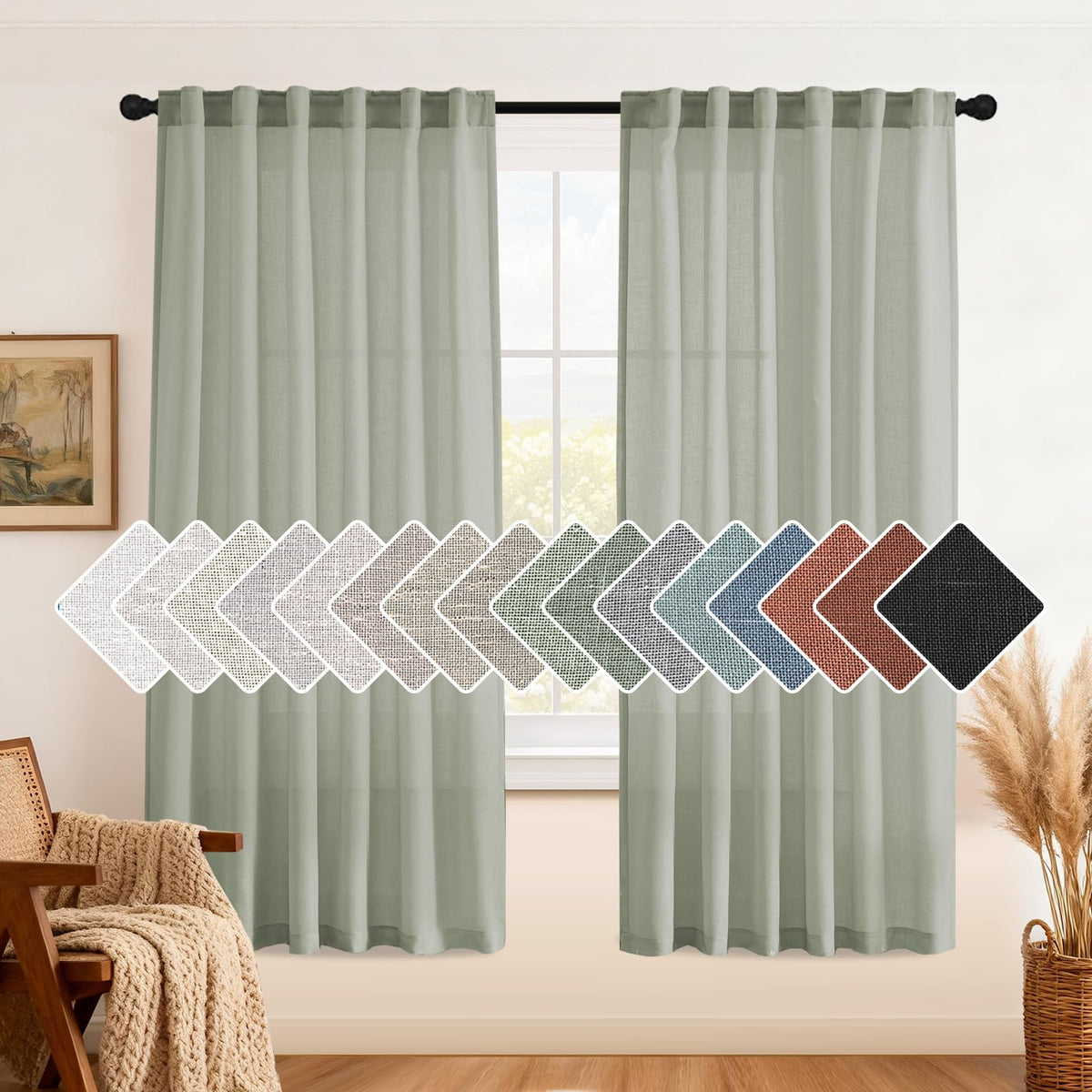 H.VERSAILTEX Natural Linen Curtains 63 inches Long for Living Room 2 Panels Back Tab Loop Pocket Textured Light Filtering Semi Sheer Curtains Rustic Farmhouse Boho Curtain for Bedroom, Sea Grass