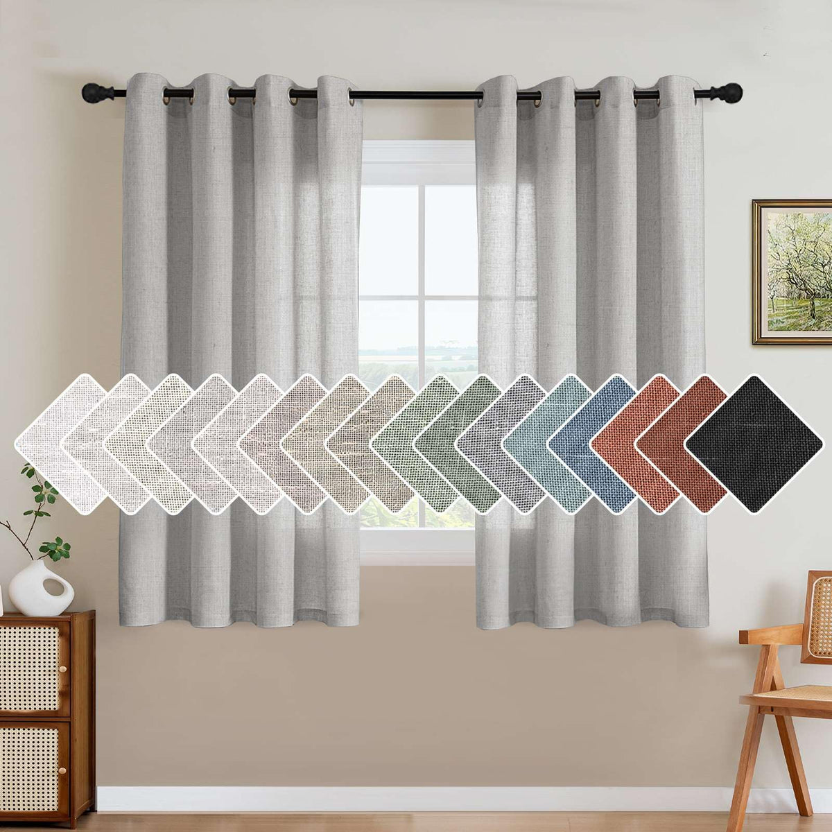 H.VERSAILTEX Natural Linen Curtains 63 inches Long for Living Room 2 Panels Back Tab Loop Pocket Textured Light Filtering Semi Sheer Curtains Rustic Farmhouse Boho Curtain for Bedroom, Sea Grass