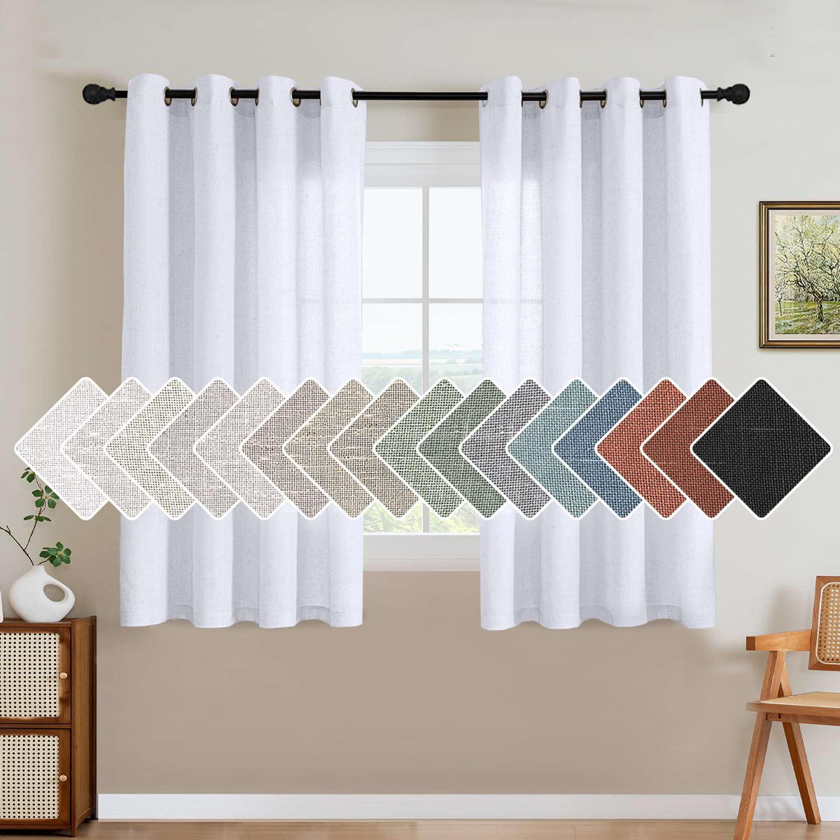 H.VERSAILTEX Natural Linen Curtains 63 inches Long for Living Room 2 Panels Back Tab Loop Pocket Textured Light Filtering Semi Sheer Curtains Rustic Farmhouse Boho Curtain for Bedroom, Sea Grass