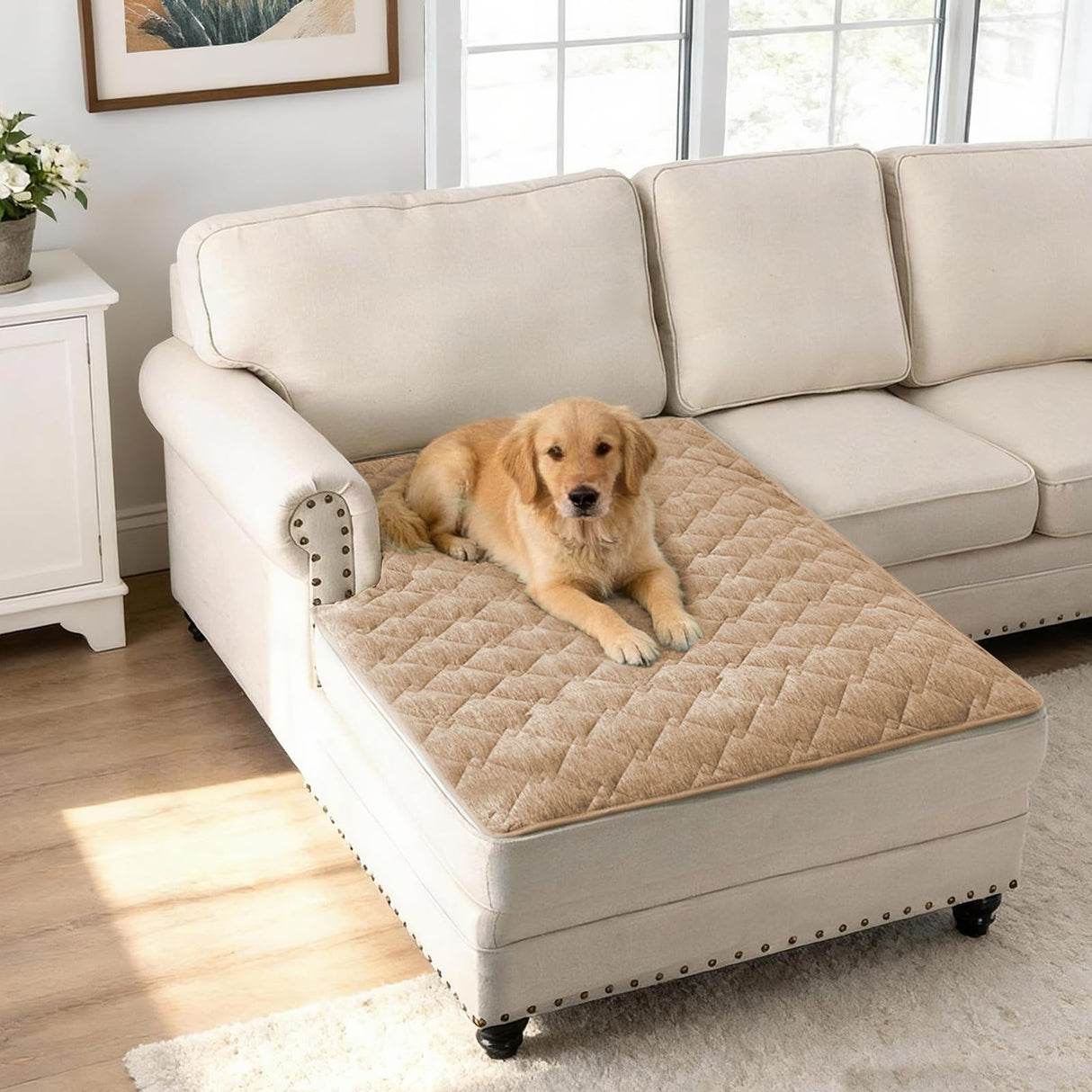 H.VERSAILTEX Couch Cover Chenille Pet Fuzzy Sofa Covers for 3 Cushion Couch Anti Slip Washable Sofa Slipcovers with Strap Soft Couch Protector Cover for Dogs Cats Kids(36" x 74",Khaki)
