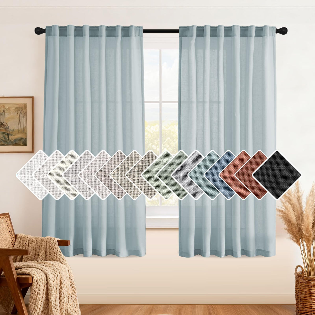 H.VERSAILTEX Natural Linen Curtains 63 inches Long for Living Room 2 Panels Back Tab Loop Pocket Textured Light Filtering Semi Sheer Curtains Rustic Farmhouse Boho Curtain for Bedroom, Sea Grass