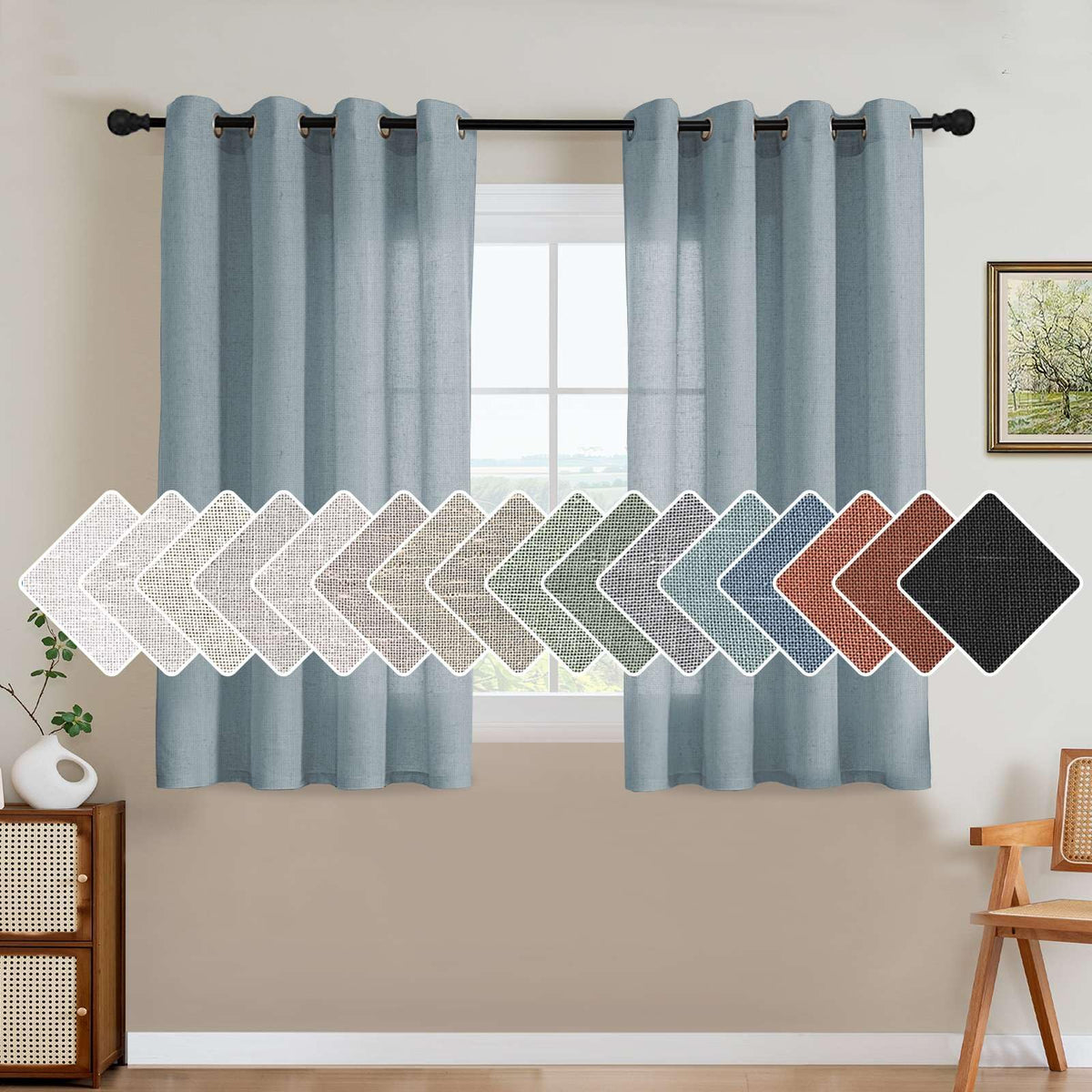 H.VERSAILTEX Natural Linen Curtains 63 inches Long for Living Room 2 Panels Back Tab Loop Pocket Textured Light Filtering Semi Sheer Curtains Rustic Farmhouse Boho Curtain for Bedroom, Sea Grass