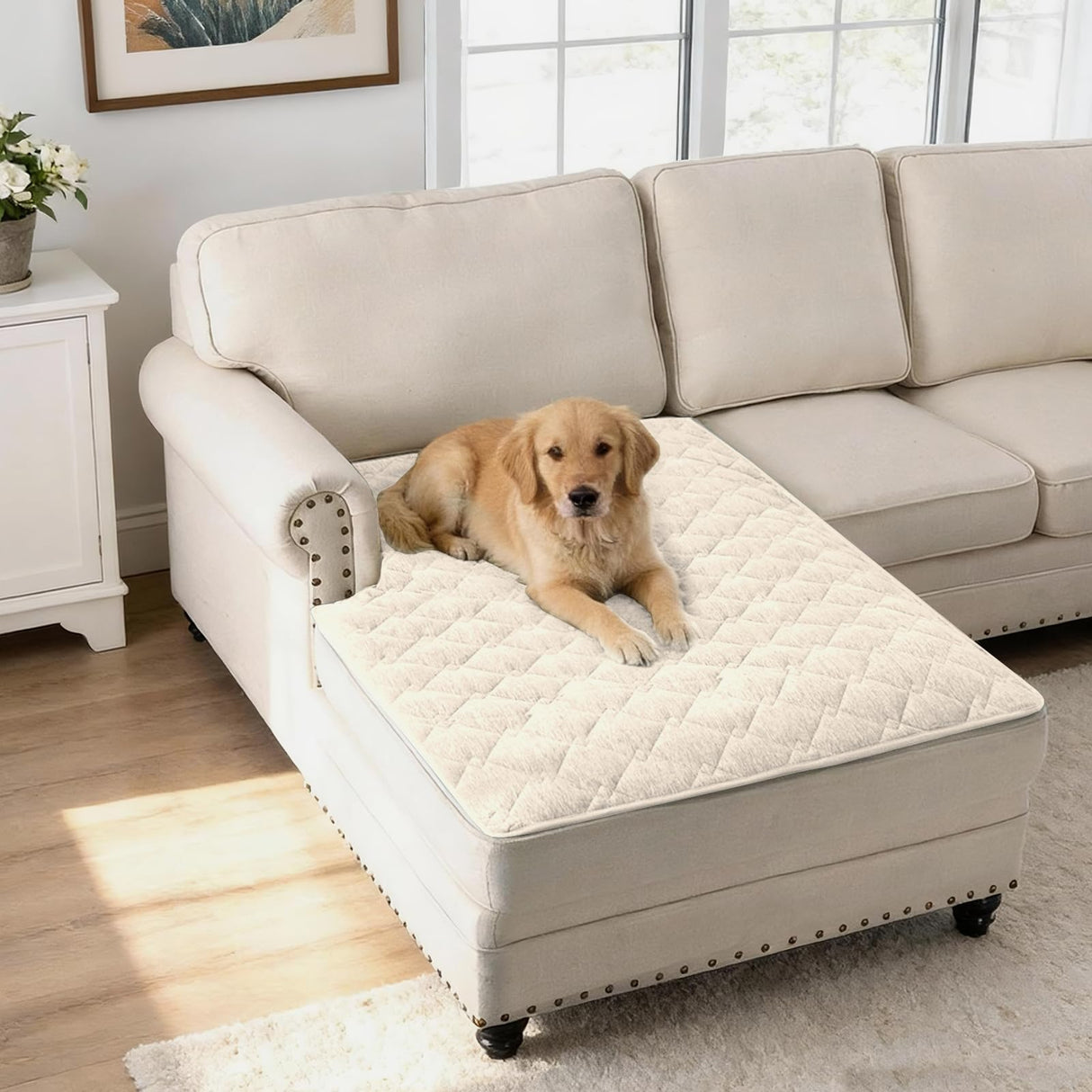 H.VERSAILTEX Couch Cover Chenille Pet Fuzzy Sofa Covers for 3 Cushion Couch Anti Slip Washable Sofa Slipcovers with Strap Soft Couch Protector Cover for Dogs Cats Kids(36" x 74",Khaki)