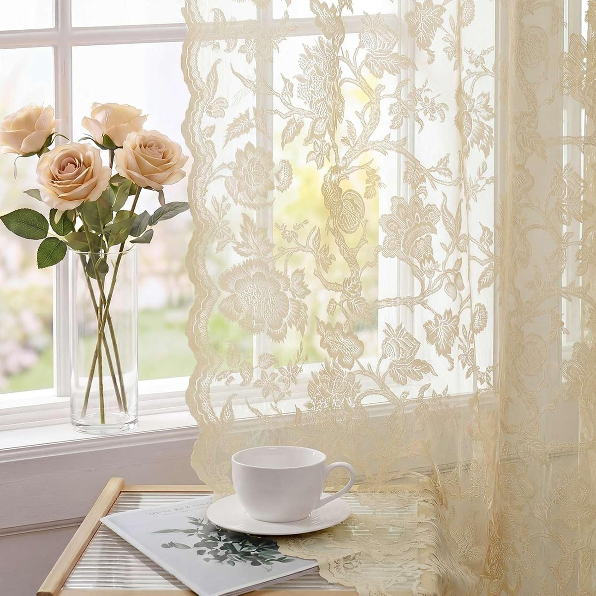 H.VERSAILTEX Cream Beige Lace Curtains 84 Inches Long 2 Panels, Rod Pocket