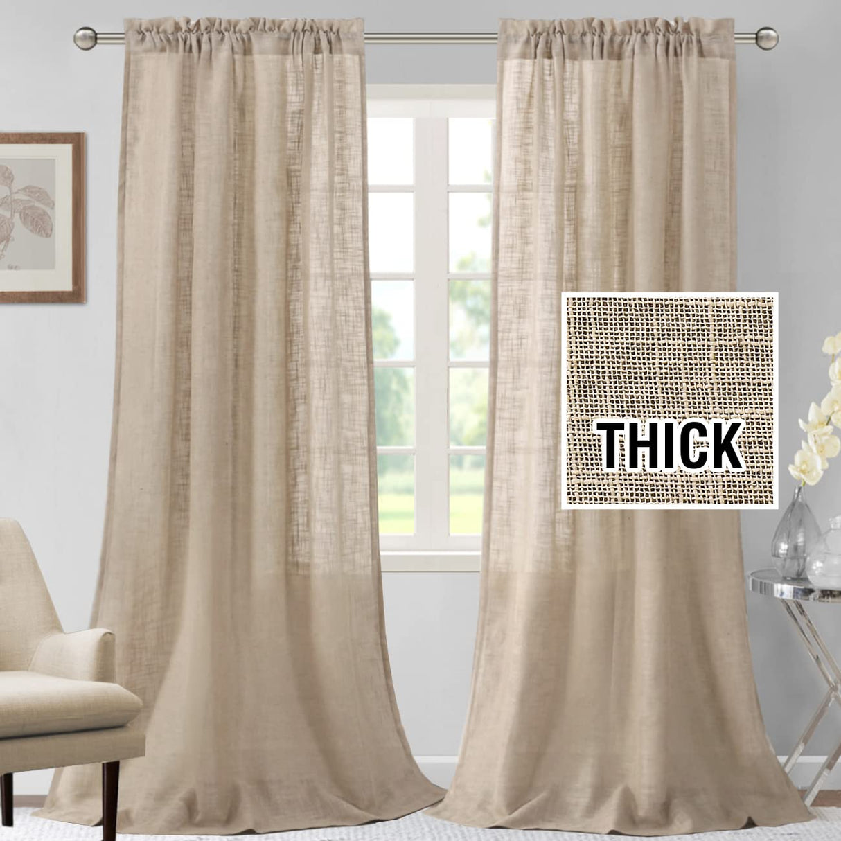 H.VERSAILTEX Linen Blended Curtains 84 Inches Long for Living Room and Bedroom - Light Filtering Rod Pocket, Burlap Textured, 2 Panel Sets, Stone Blue