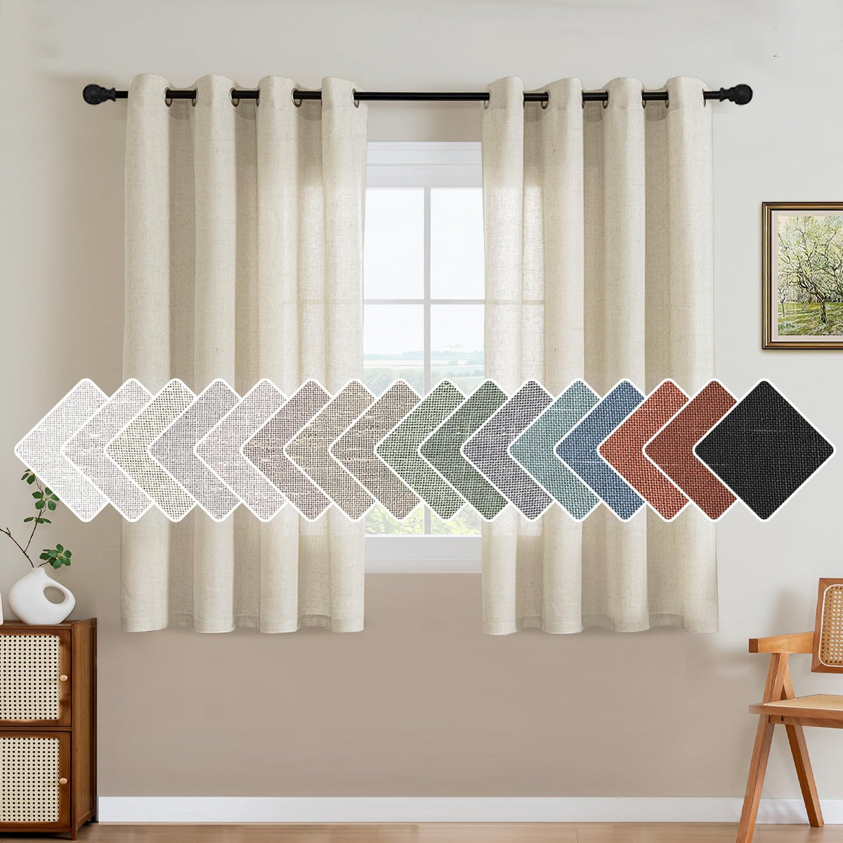 H.VERSAILTEX Natural Linen Curtains 63 inches Long for Living Room 2 Panels Back Tab Loop Pocket Textured Light Filtering Semi Sheer Curtains Rustic Farmhouse Boho Curtain for Bedroom, Sea Grass