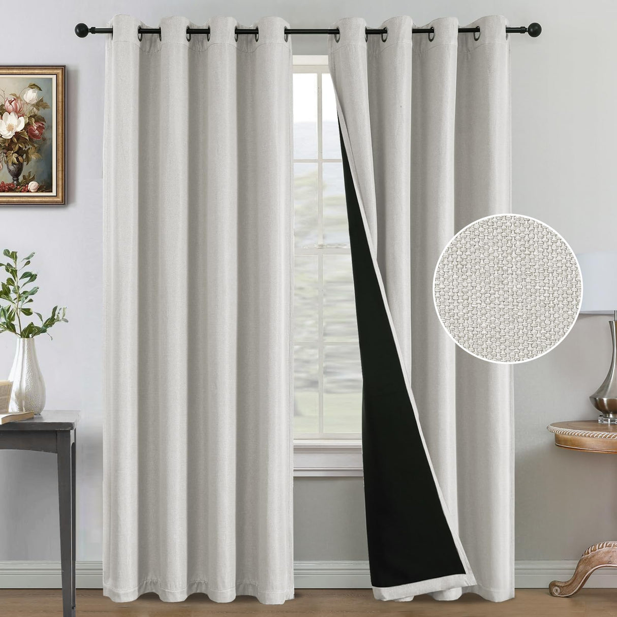 H.VERSAILTEX Farmhouse Boho Curtains for Living Room, 90% Blackout Drapes for Bedroom Energy Efficient, 96 Inch Long Windows Grommet Curtains, Burlap Textured 2 Panels, W52 x L96in, Heather Ivory