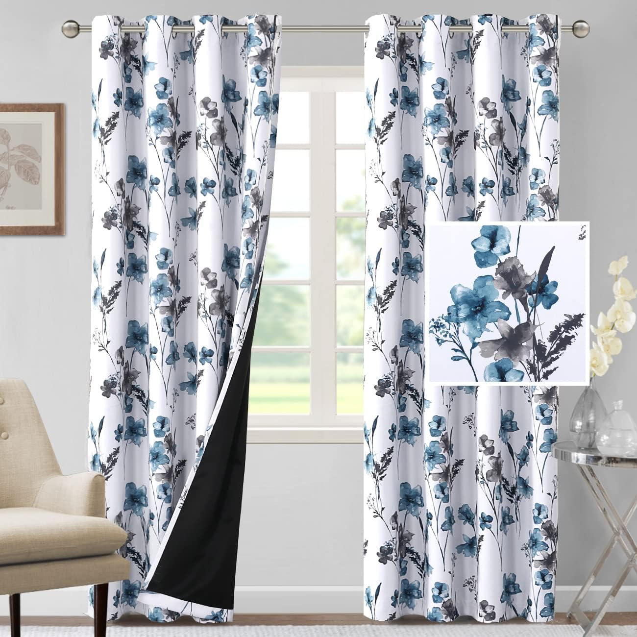 H.VERSAILTEX 100% Blackout Curtains for Living Room Camellia Floral Thermal Insulated Grommet Window Drapes 2 Panels