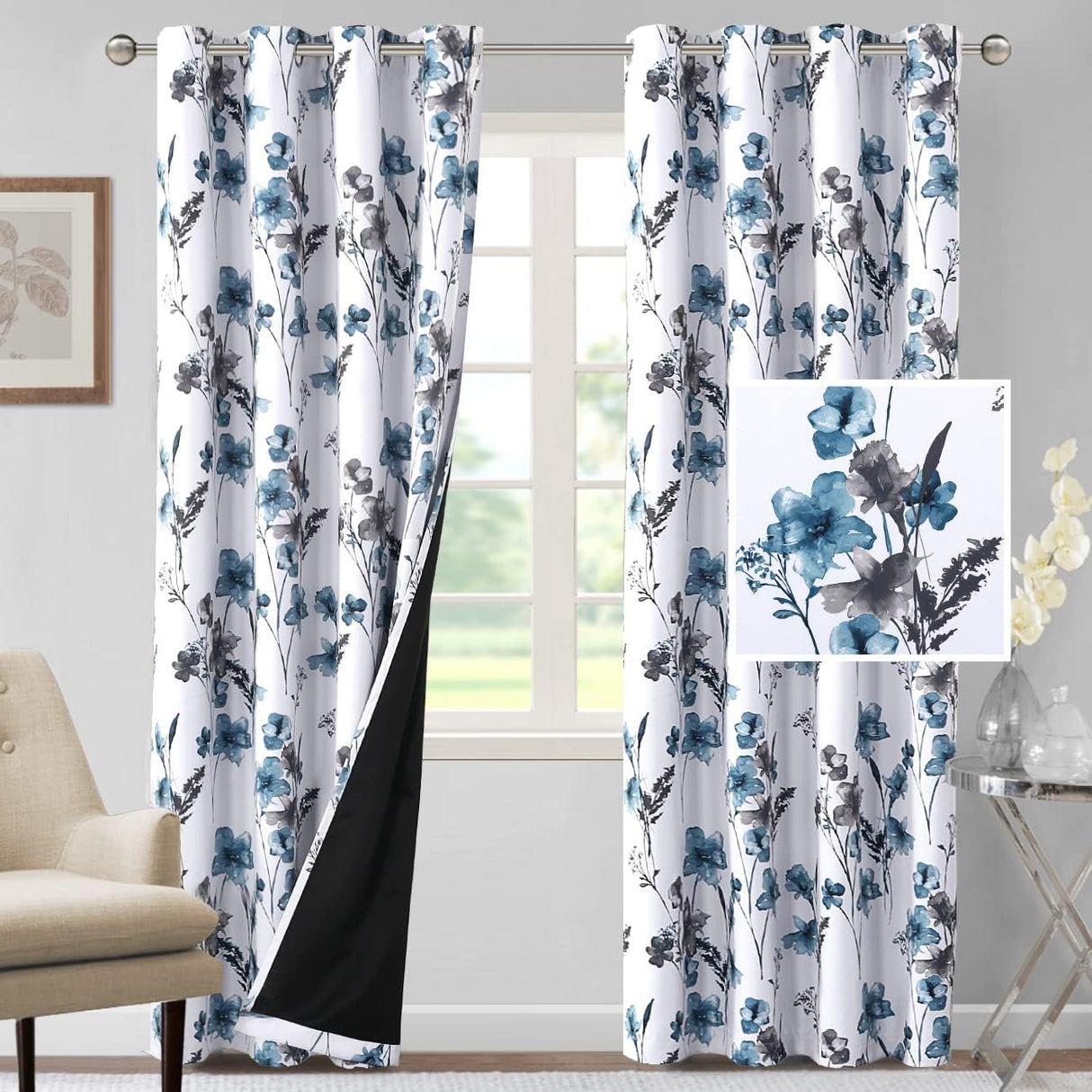 H.VERSAILTEX 100% Blackout Curtains for Living Room Camellia Floral Thermal Insulated Grommet Window Drapes 2 Panels
