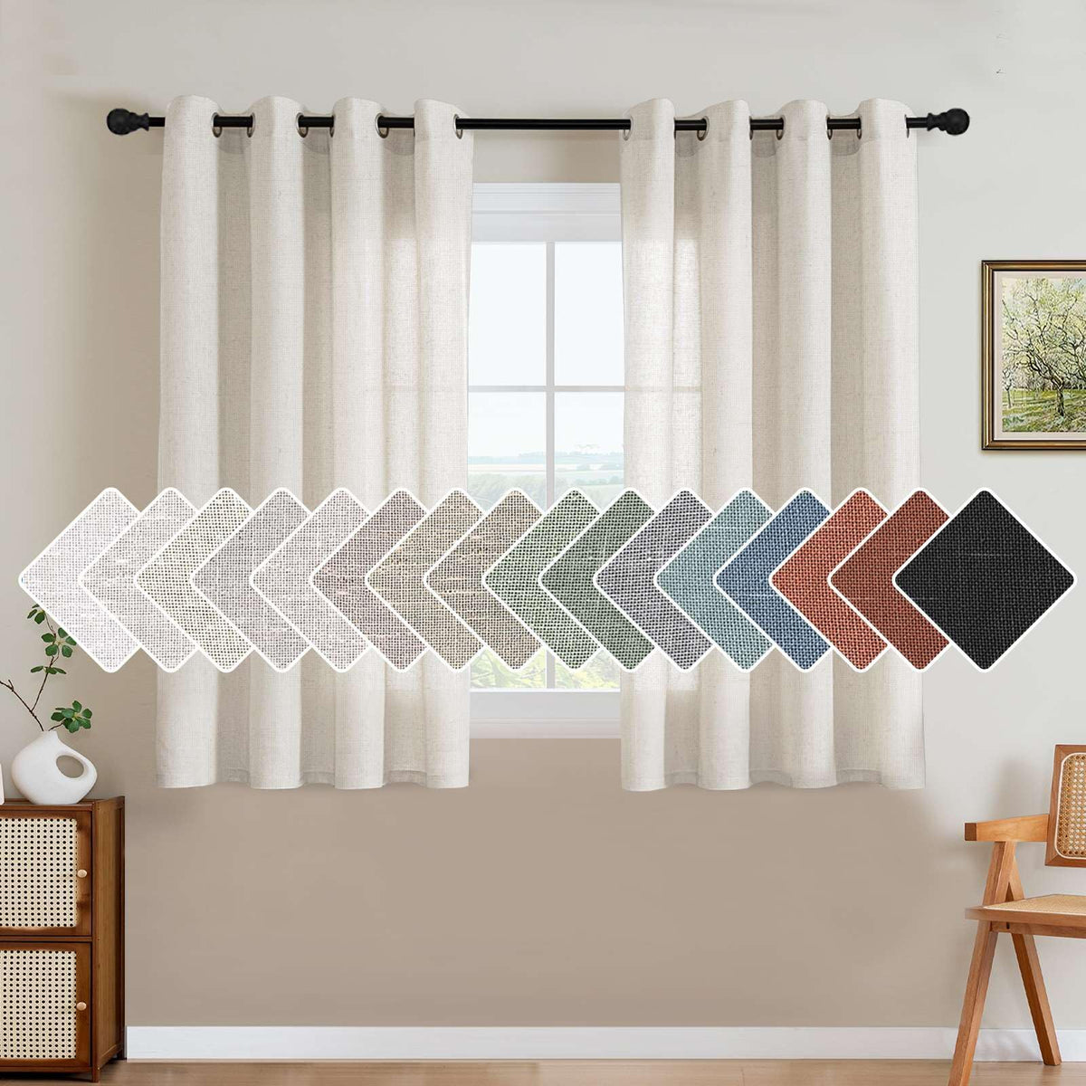 H.VERSAILTEX Natural Linen Curtains 63 inches Long for Living Room 2 Panels Back Tab Loop Pocket Textured Light Filtering Semi Sheer Curtains Rustic Farmhouse Boho Curtain for Bedroom, Sea Grass