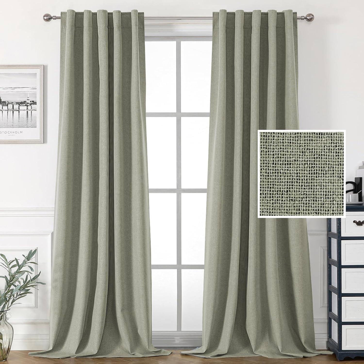 H.VERSAILTEX 100% Blackout Linen Look Curtains for Bedroom Double Face Linen Back Tab Loop Pocket Textured Burlap 2 Panels