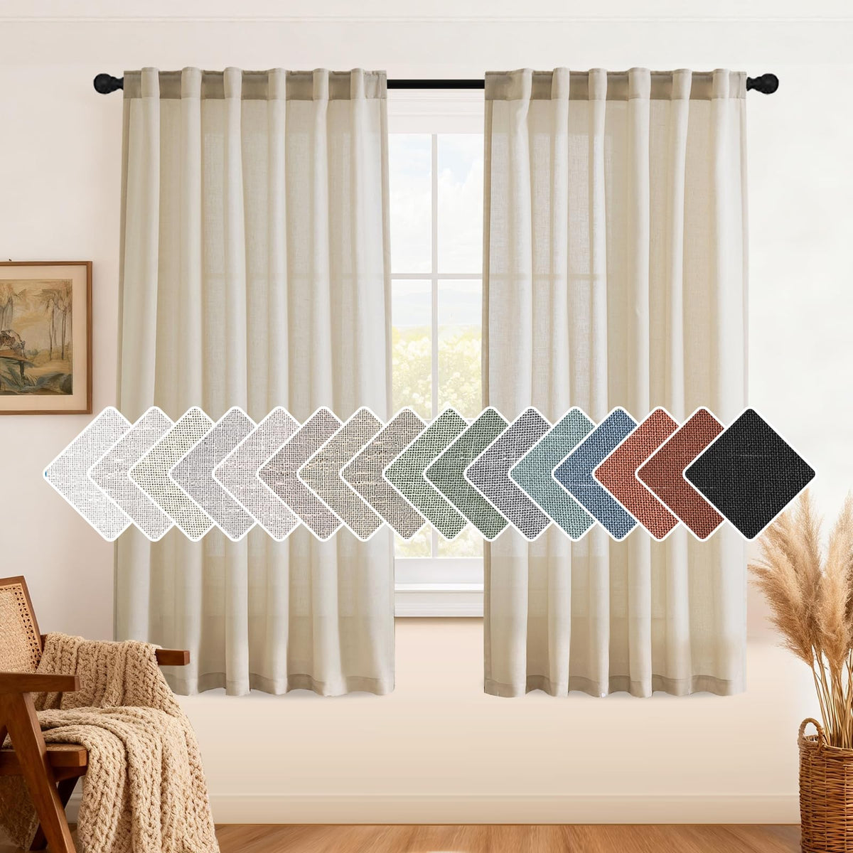 H.VERSAILTEX Natural Linen Curtains 63 inches Long for Living Room 2 Panels Back Tab Loop Pocket Textured Light Filtering Semi Sheer Curtains Rustic Farmhouse Boho Curtain for Bedroom, Sea Grass