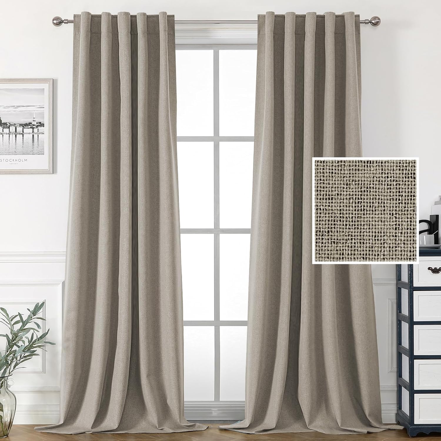 H.VERSAILTEX 100% Blackout Linen Look Curtains for Bedroom Double Face Linen Back Tab Loop Pocket Textured Burlap 2 Panels