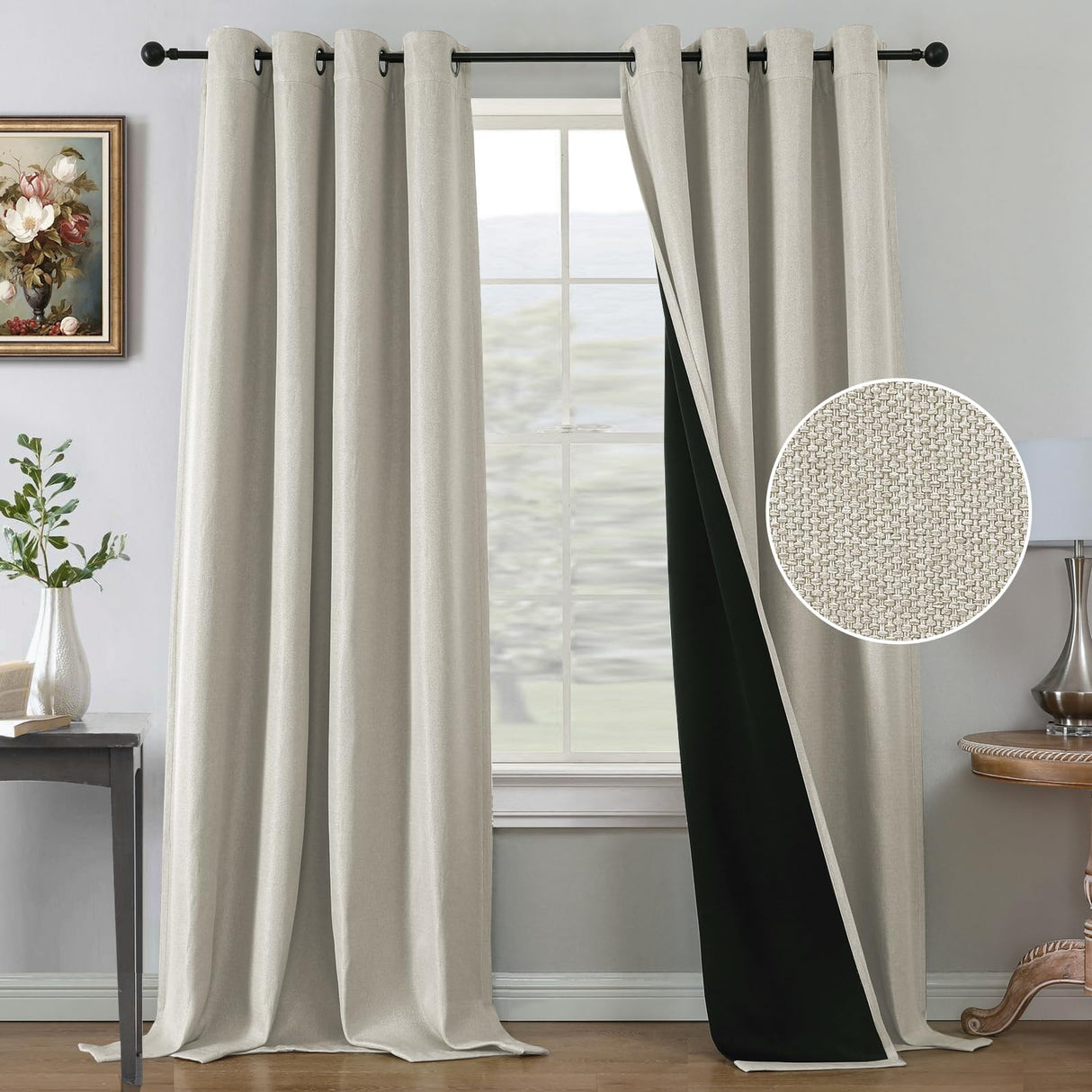 H.VERSAILTEX Farmhouse Boho Curtains for Living Room, 90% Blackout Drapes for Bedroom Energy Efficient, 96 Inch Long Windows Grommet Curtains, Burlap Textured 2 Panels, W52 x L96in, Heather Ivory