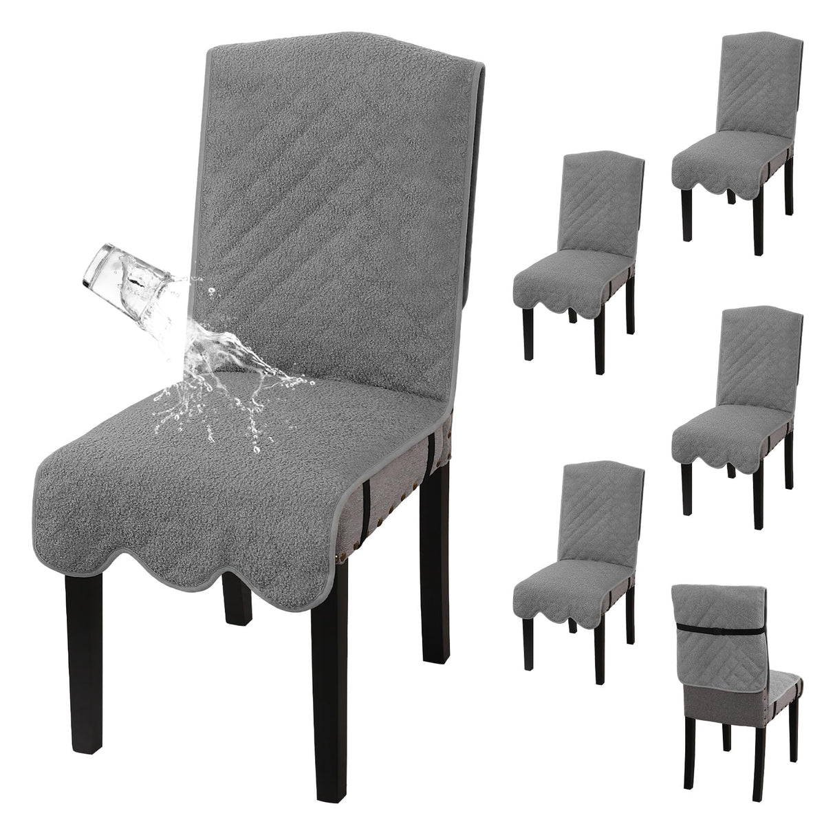 H.VERSAILTEX 100% Waterproof Dining Chair Covers Set of 6 Teddy Fleece Kitchen Chair Covers Parson Chair Slipcovers for Kitchen Dining Room, Charcoal