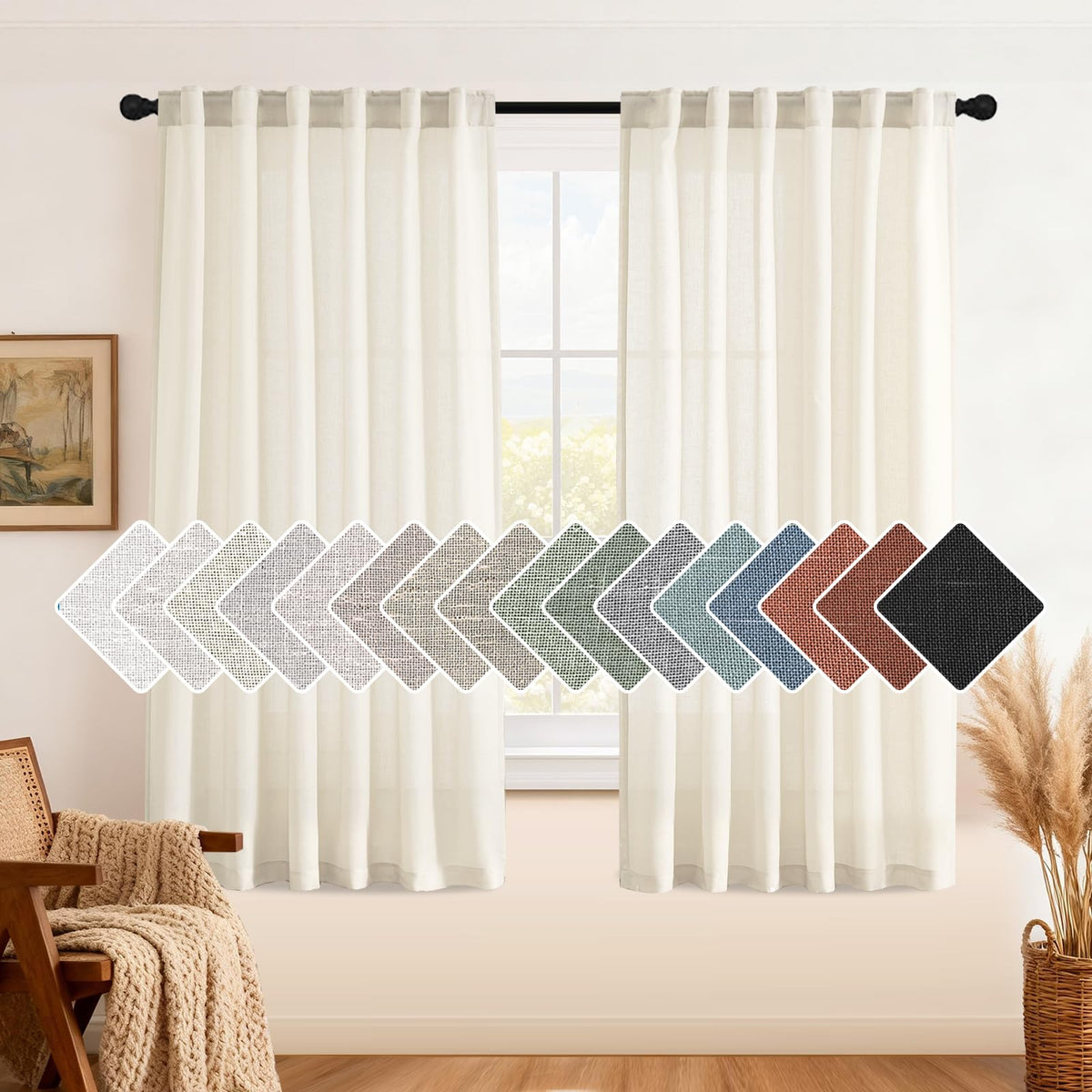 H.VERSAILTEX Natural Linen Curtains 63 inches Long for Living Room 2 Panels Back Tab Loop Pocket Textured Light Filtering Semi Sheer Curtains Rustic Farmhouse Boho Curtain for Bedroom, Sea Grass
