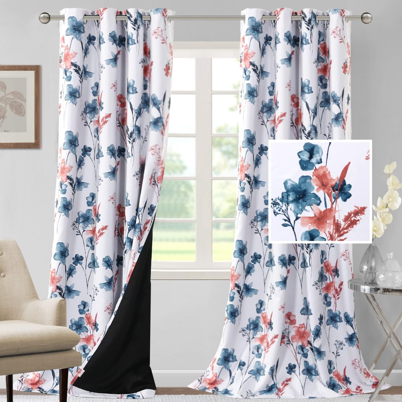 H.VERSAILTEX 100% Blackout Curtains for Living Room Camellia Floral Thermal Insulated Grommet Window Drapes 2 Panels