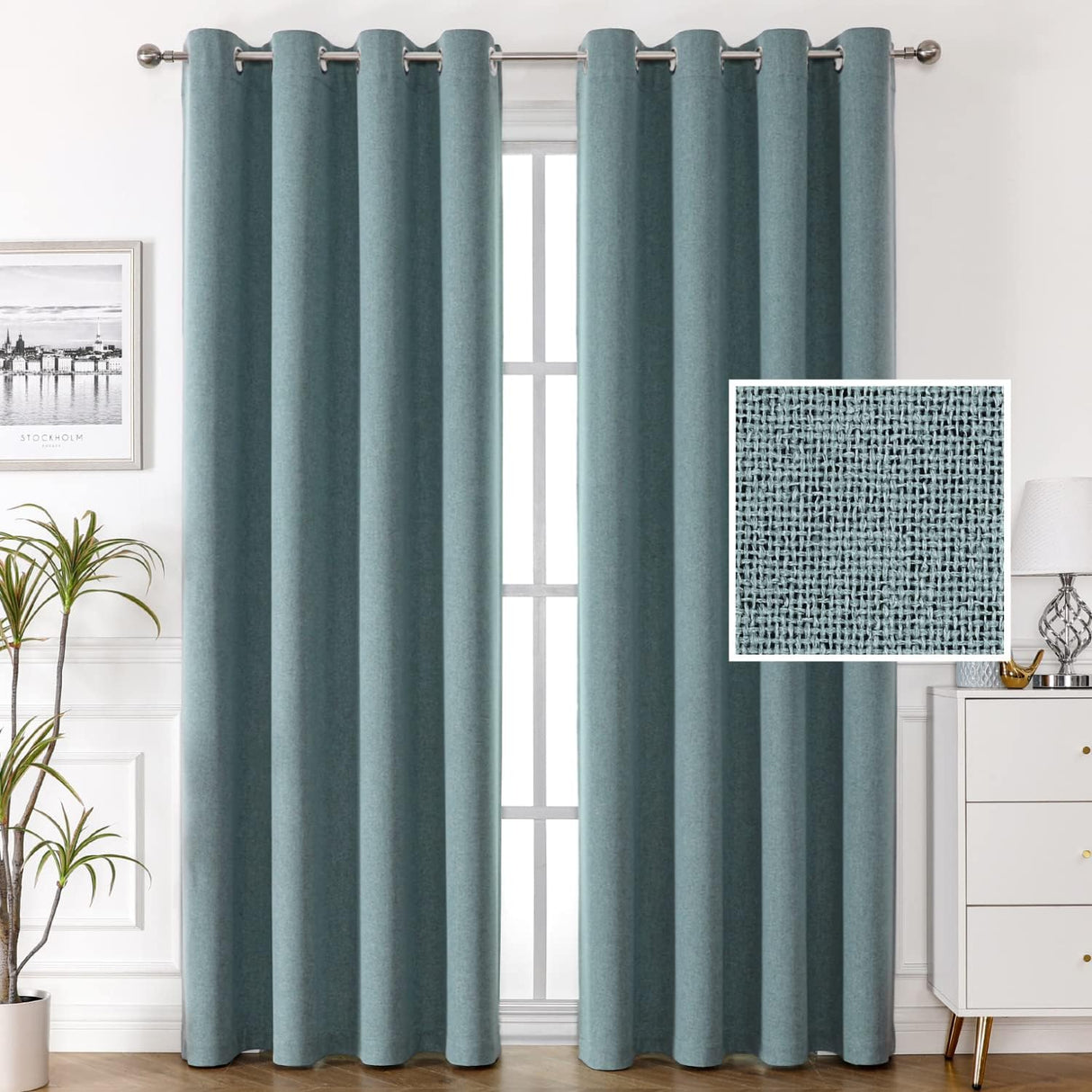 H.VERSAILTEX 100% Blackout Linen Curtains Thermal Insulated Textured Burlap Grommet Window Drapes 2 Panels