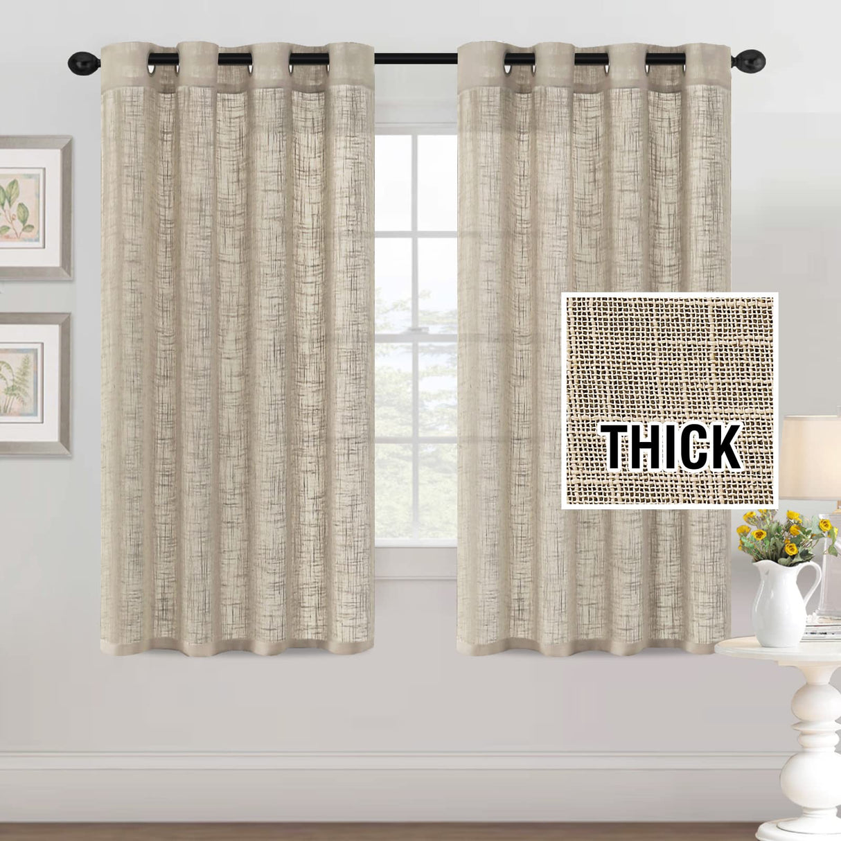 H.VERSAILTEX Linen Blended Curtains - Natural Linen Textured, Light Filtering Nickel Grommet 2 Panel Sets, 52" x 84", Angora for Living Room & Bedroom