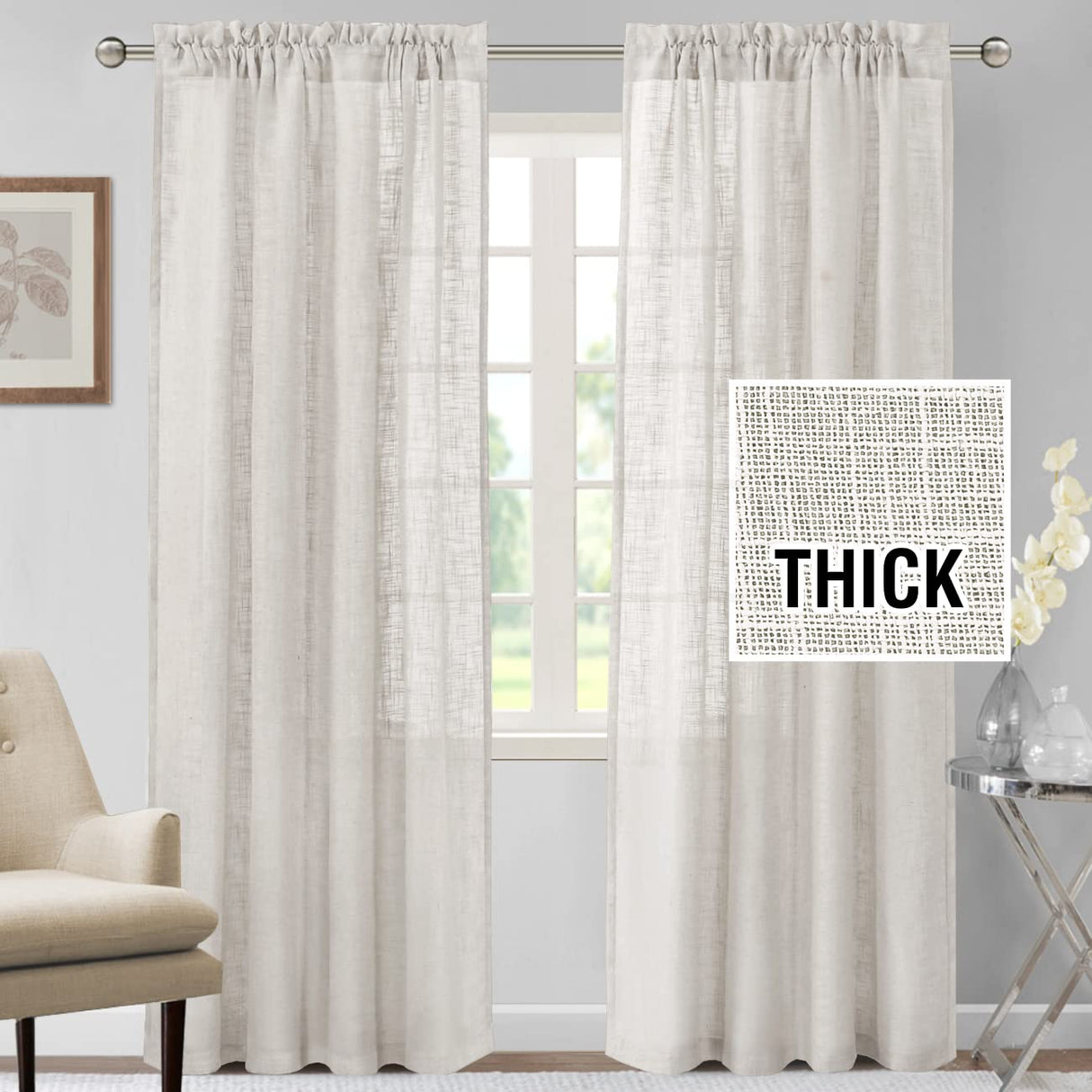 H.VERSAILTEX Linen Blended Curtains 84 Inches Long for Living Room and Bedroom - Light Filtering Rod Pocket, Burlap Textured, 2 Panel Sets, Stone Blue