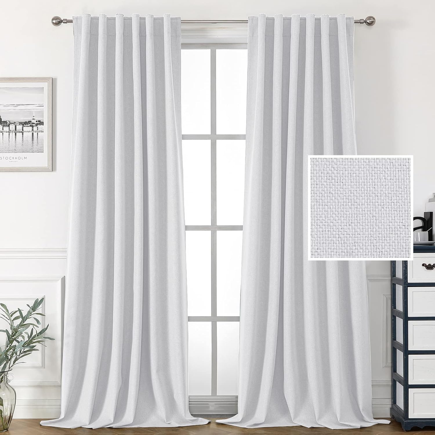H.VERSAILTEX 100% Blackout Linen Look Curtains for Bedroom Double Face Linen Back Tab Loop Pocket Textured Burlap 2 Panels
