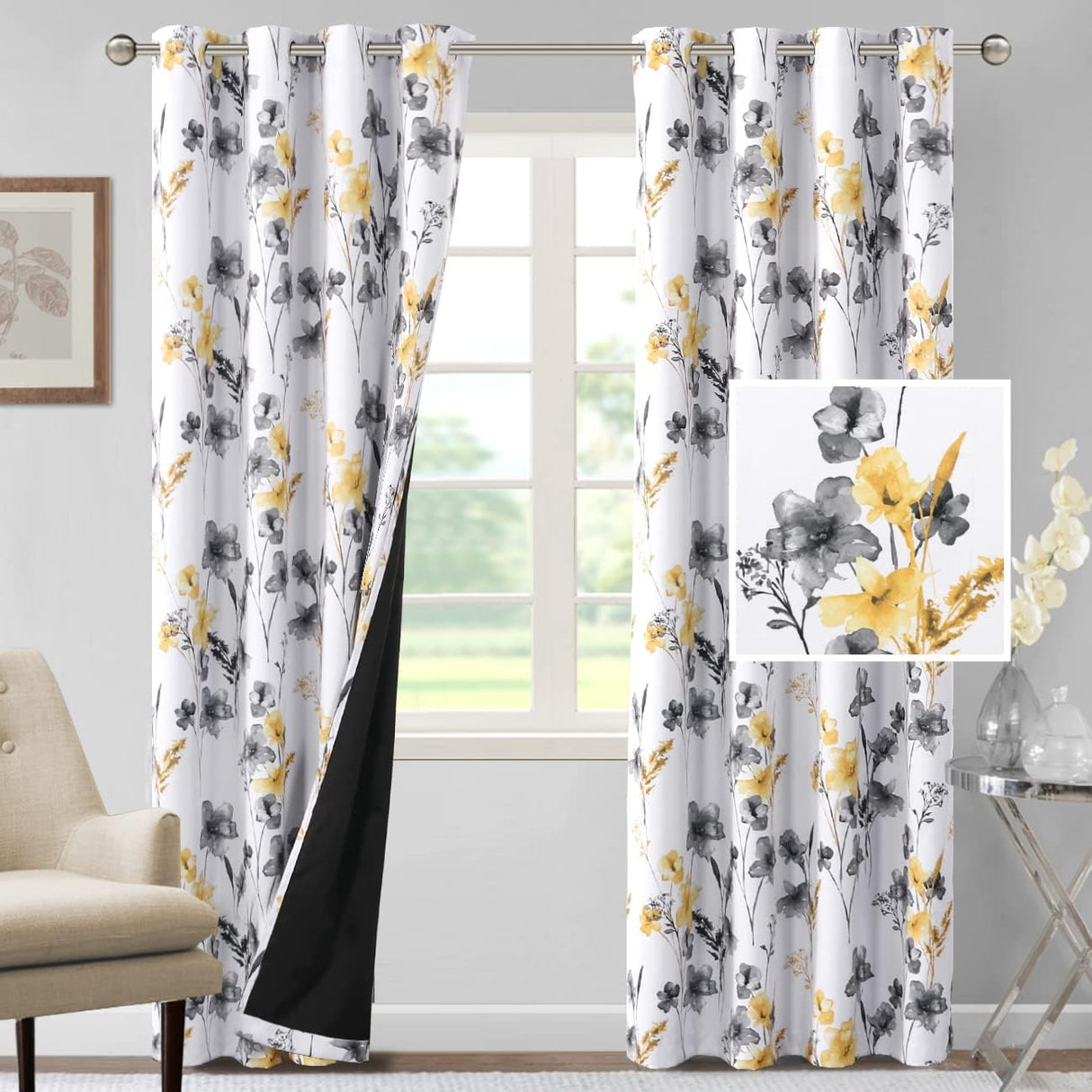 H.VERSAILTEX 100% Blackout Curtains for Living Room Camellia Floral Thermal Insulated Grommet Window Drapes 2 Panels