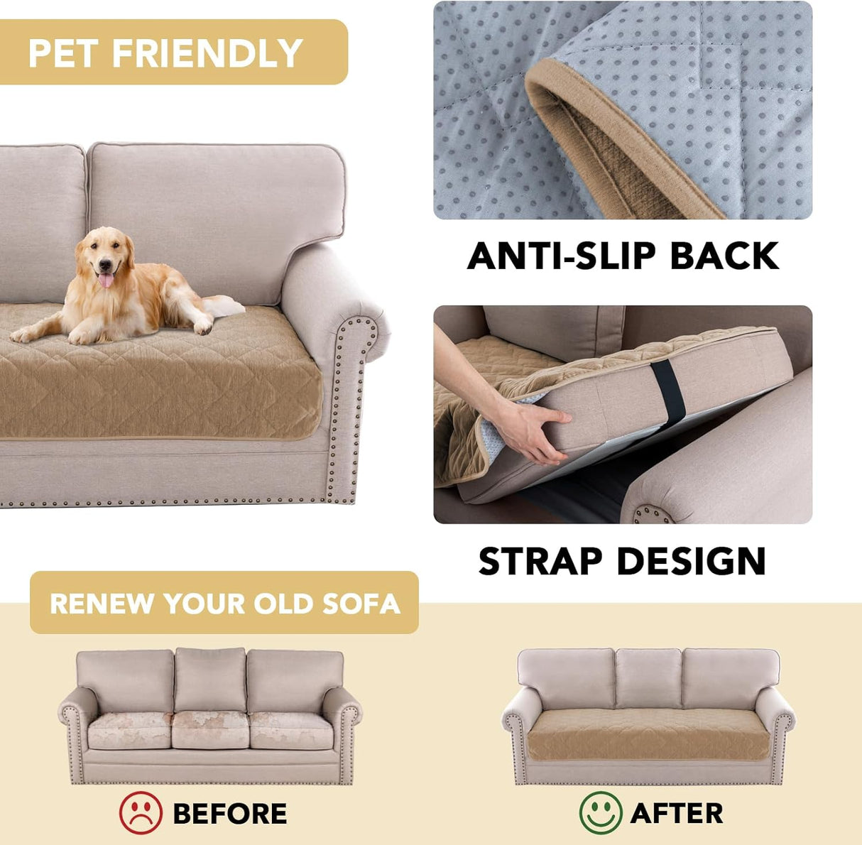H.VERSAILTEX Couch Cover Chenille Pet Fuzzy Sofa Covers for 3 Cushion Couch Anti Slip Washable Sofa Slipcovers with Strap Soft Couch Protector Cover for Dogs Cats Kids(36" x 74",Khaki)