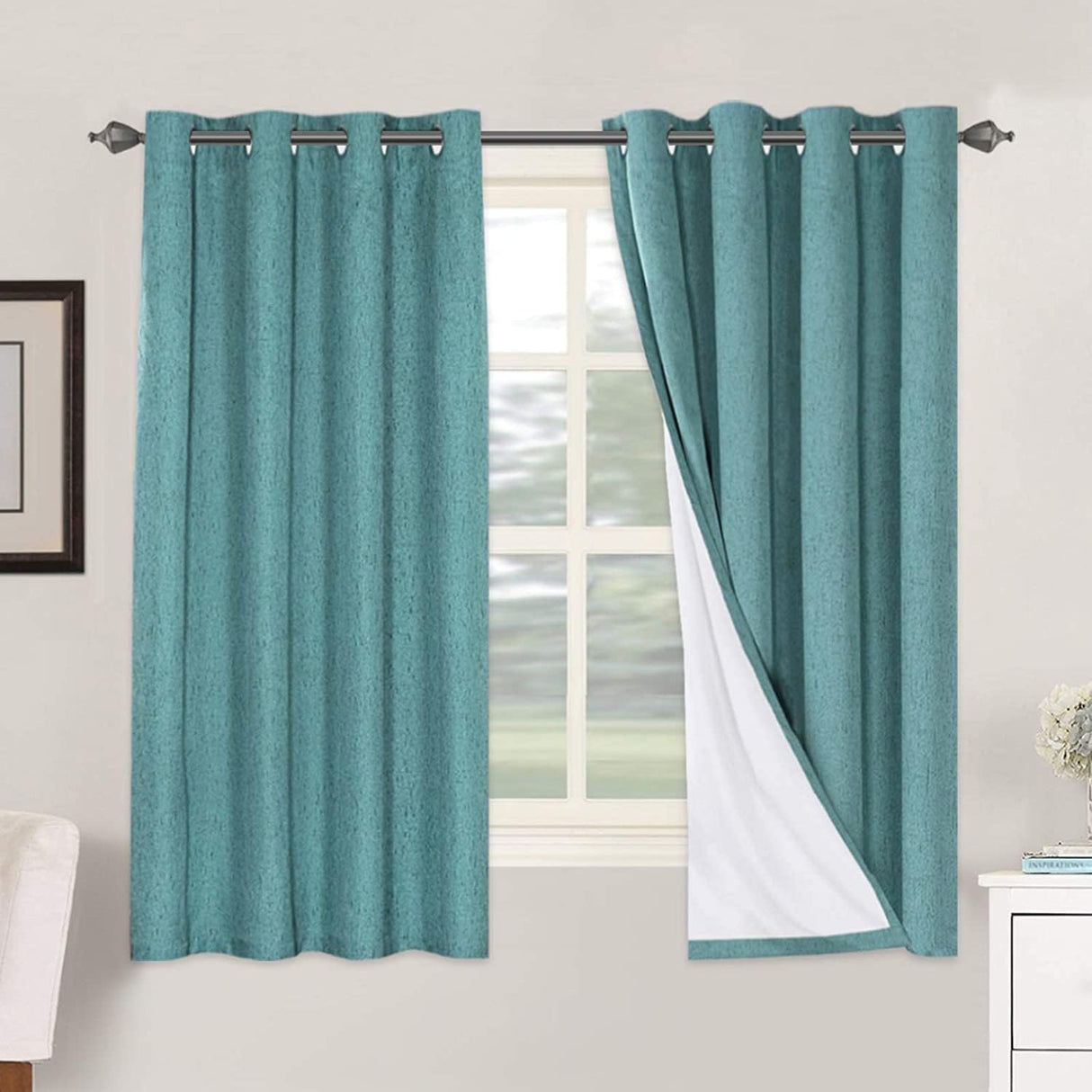 Linen Blackout Thermal Insulated  White Liner Grommet Top Curtains
