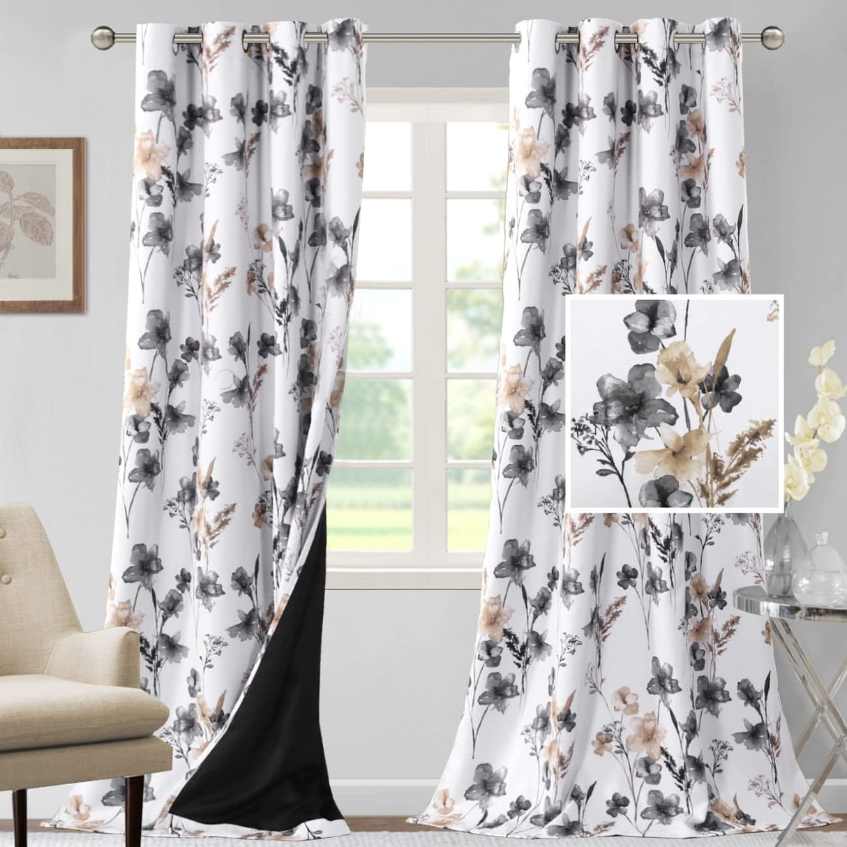 H.VERSAILTEX 100% Blackout Curtains for Living Room Camellia Floral Thermal Insulated Grommet Window Drapes 2 Panels