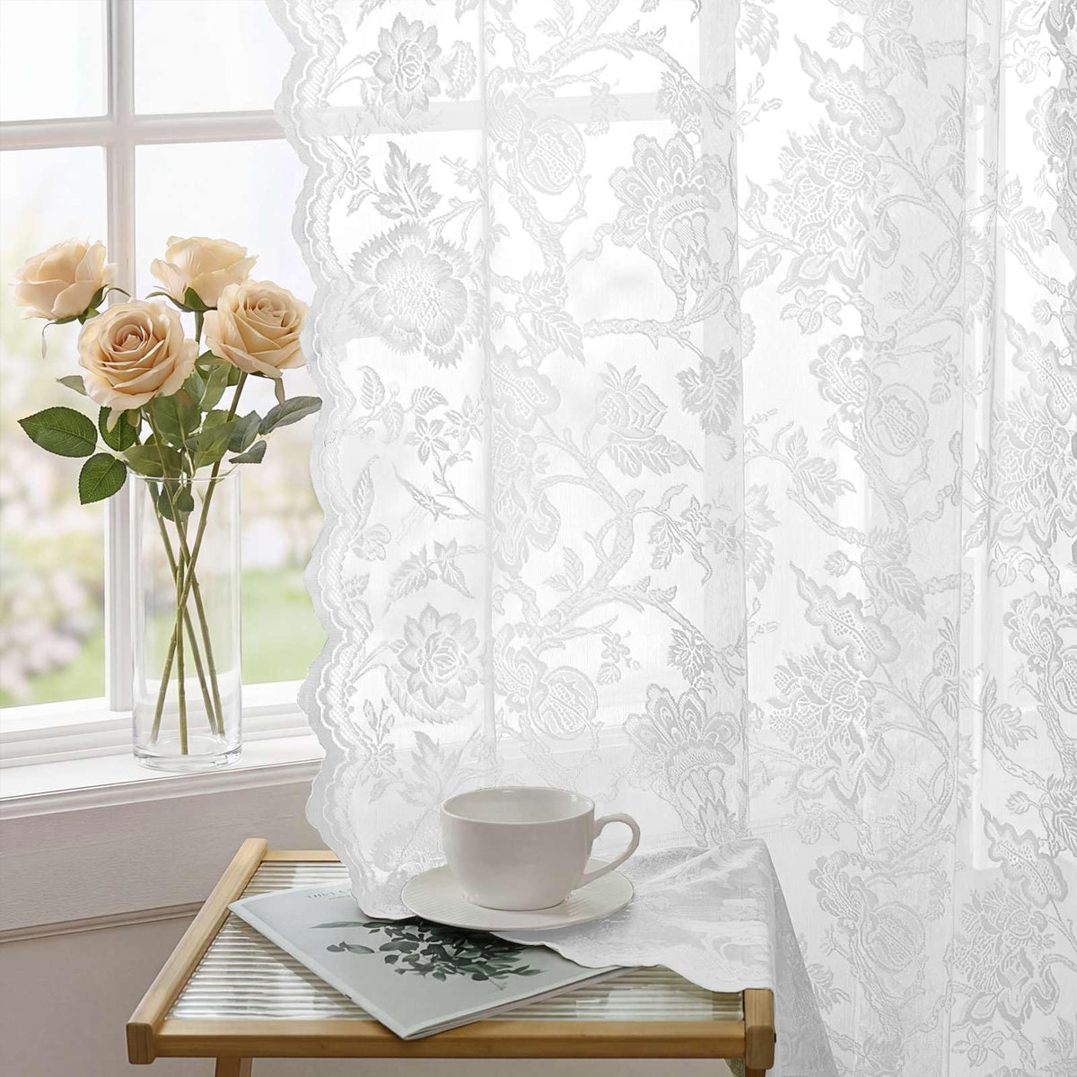 H.VERSAILTEX Cream Beige Lace Curtains 84 Inches Long 2 Panels, Rod Pocket