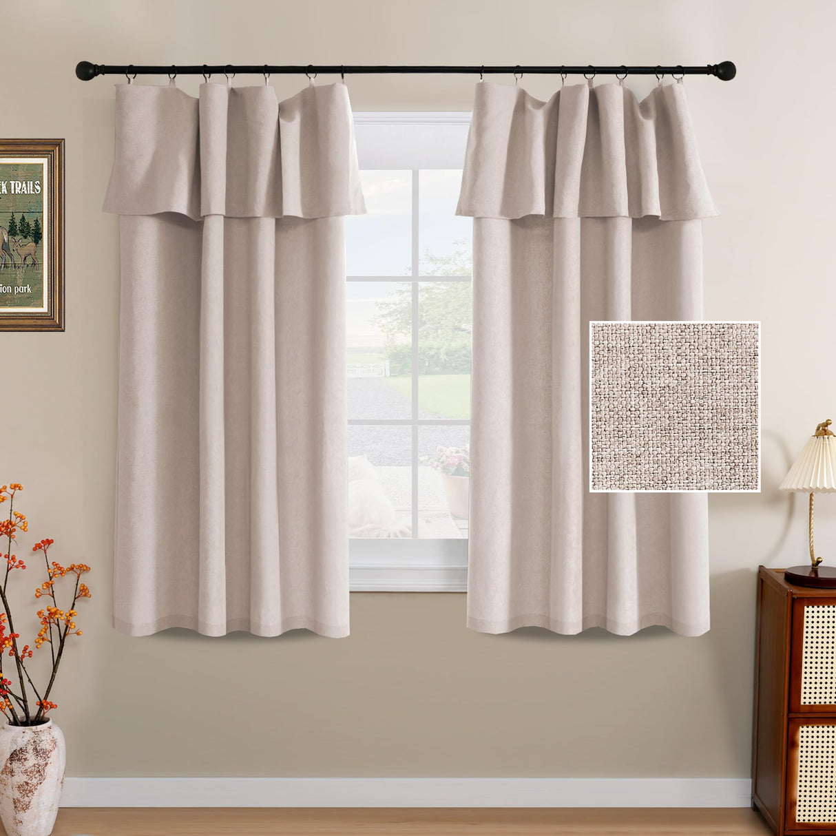 H.VERSAILTEX Linen Curtains with Valance 84 Inch Long 2 Panels Farmhouse Boho Privacy Window Curtains for Living Room Bedroom Ring/Rod Pocket Privacy Light Filtering Drapes, 52x 84 Inch, Heather Sage