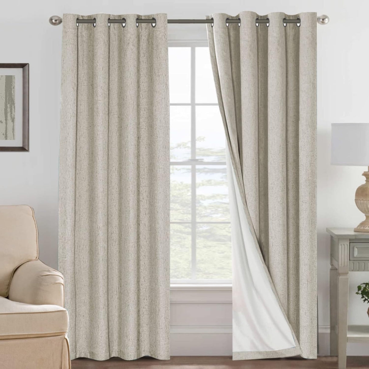Linen Blackout Thermal Insulated  White Liner Grommet Top Curtains