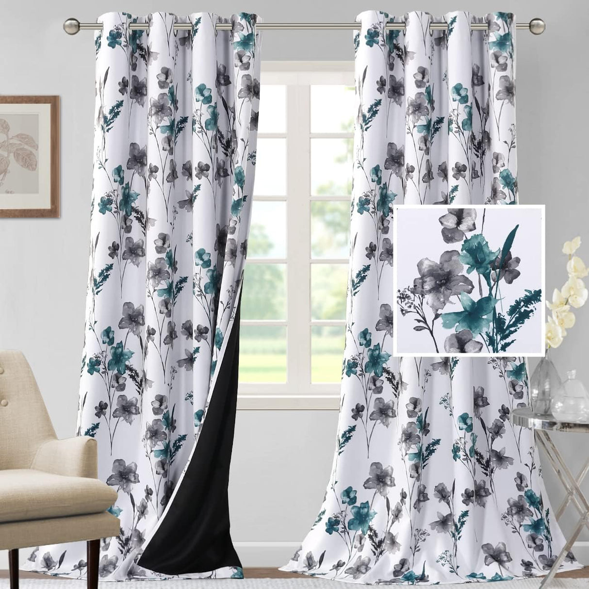 H.VERSAILTEX 100% Blackout Curtains for Living Room Camellia Floral Thermal Insulated Grommet Window Drapes 2 Panels