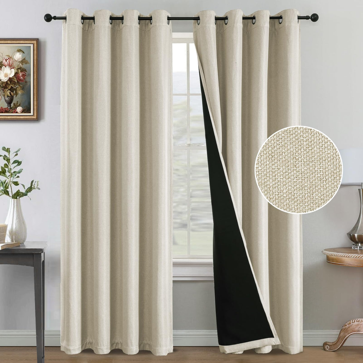 H.VERSAILTEX Farmhouse Boho Curtains for Living Room, 90% Blackout Drapes for Bedroom Energy Efficient, 96 Inch Long Windows Grommet Curtains, Burlap Textured 2 Panels, W52 x L96in, Heather Ivory