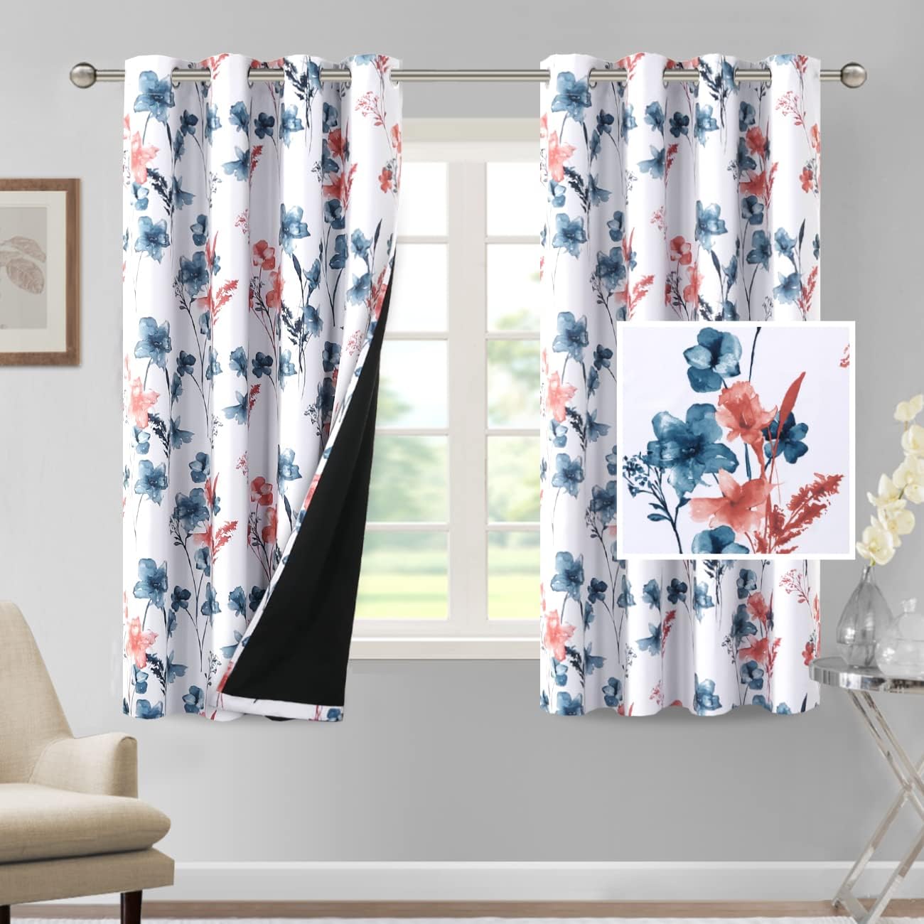 H.VERSAILTEX 100% Blackout Curtains for Living Room Camellia Floral Thermal Insulated Grommet Window Drapes 2 Panels