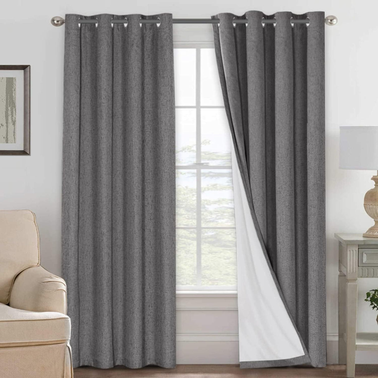 Linen Blackout Thermal Insulated  White Liner Grommet Top Curtains
