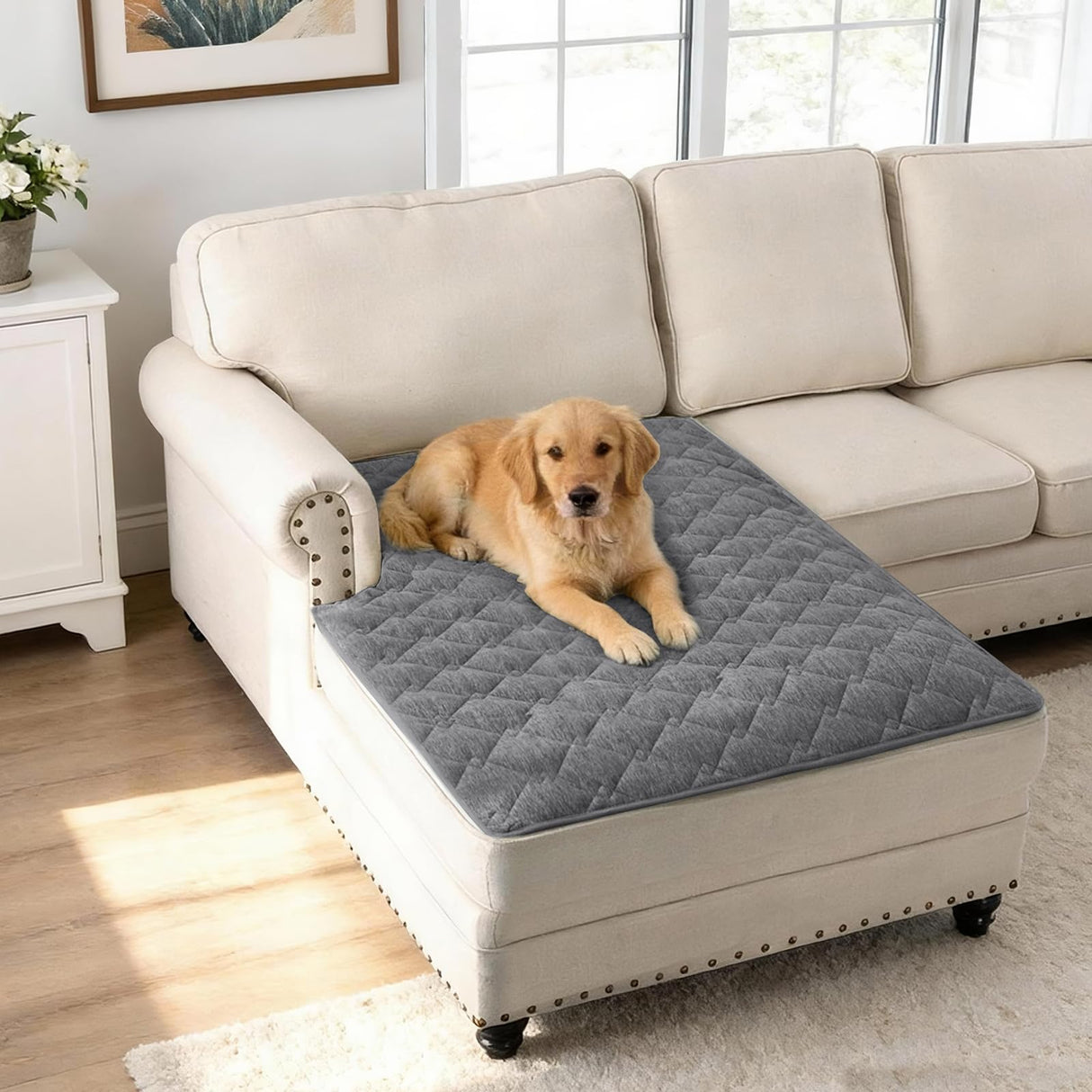 H.VERSAILTEX Couch Cover Chenille Pet Fuzzy Sofa Covers for 3 Cushion Couch Anti Slip Washable Sofa Slipcovers with Strap Soft Couch Protector Cover for Dogs Cats Kids(36" x 74",Khaki)