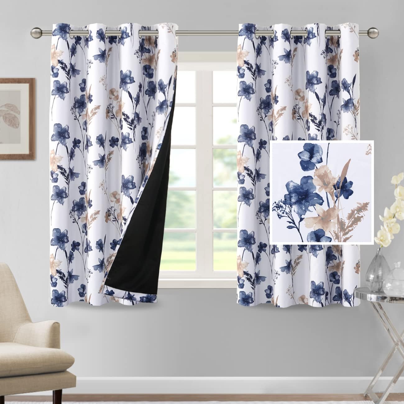 H.VERSAILTEX 100% Blackout Curtains for Living Room Camellia Floral Thermal Insulated Grommet Window Drapes 2 Panels