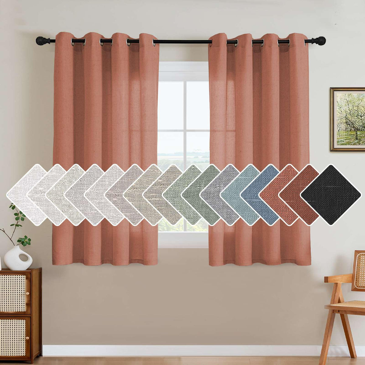 H.VERSAILTEX Natural Linen Curtains 63 inches Long for Living Room 2 Panels Back Tab Loop Pocket Textured Light Filtering Semi Sheer Curtains Rustic Farmhouse Boho Curtain for Bedroom, Sea Grass