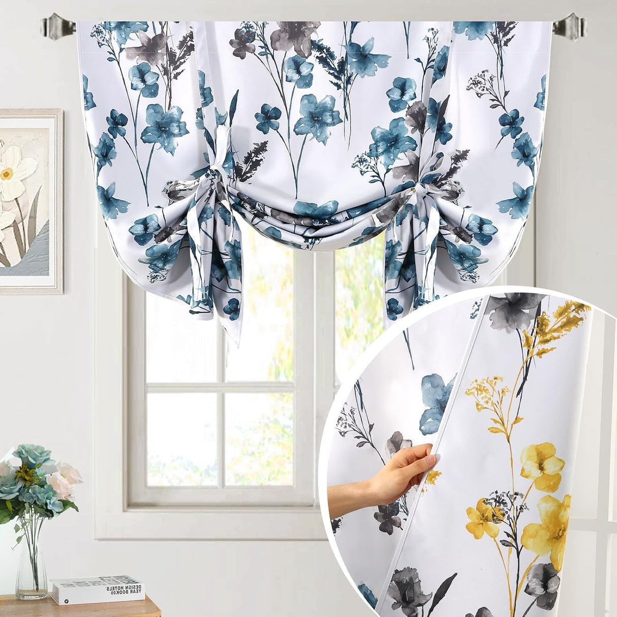 H.VERSAILTEX Tie Up Curtain Double Sided Cattleya Floral Printed Rod Pocket Balloon Roman Window Valance
