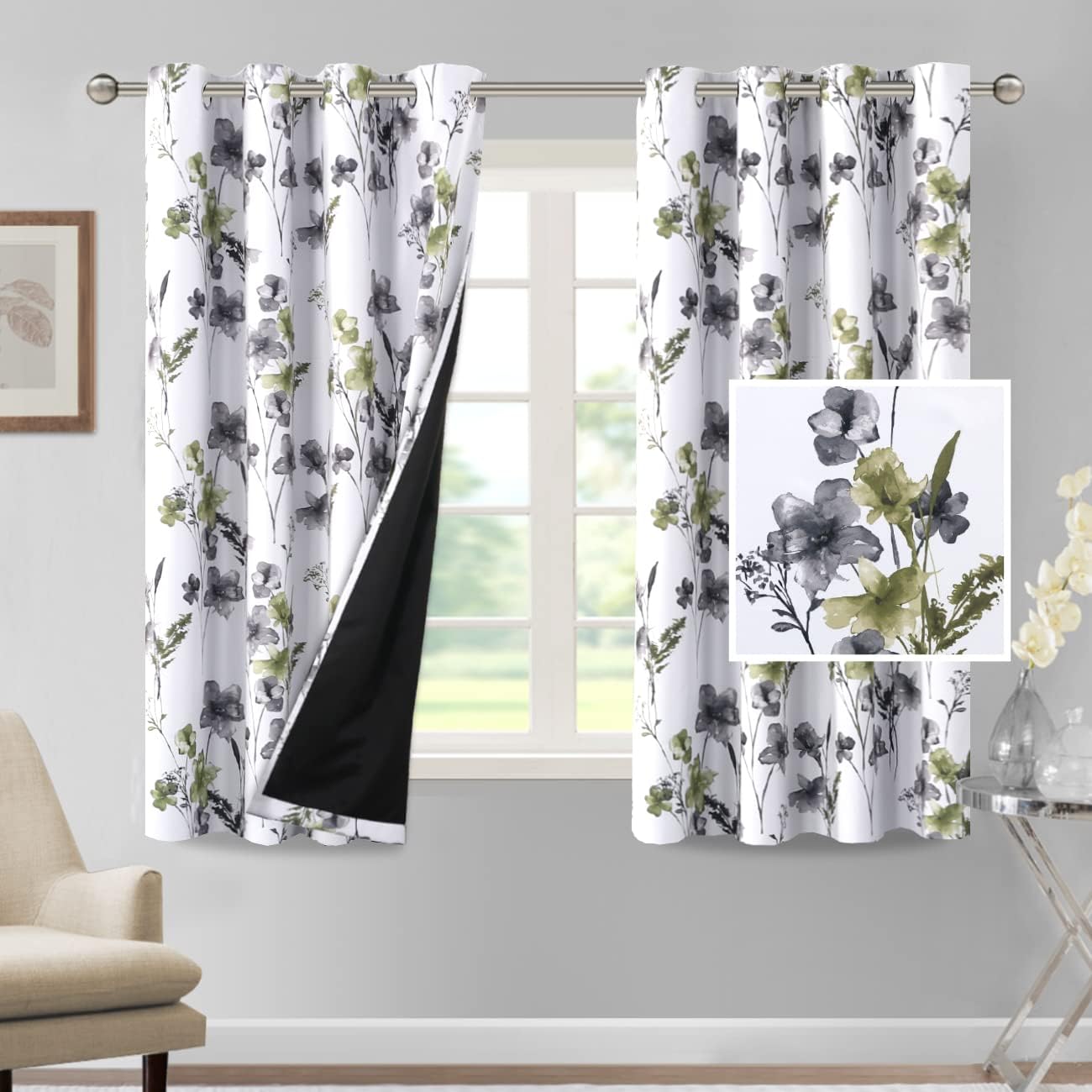 H.VERSAILTEX 100% Blackout Curtains for Living Room Camellia Floral Thermal Insulated Grommet Window Drapes 2 Panels