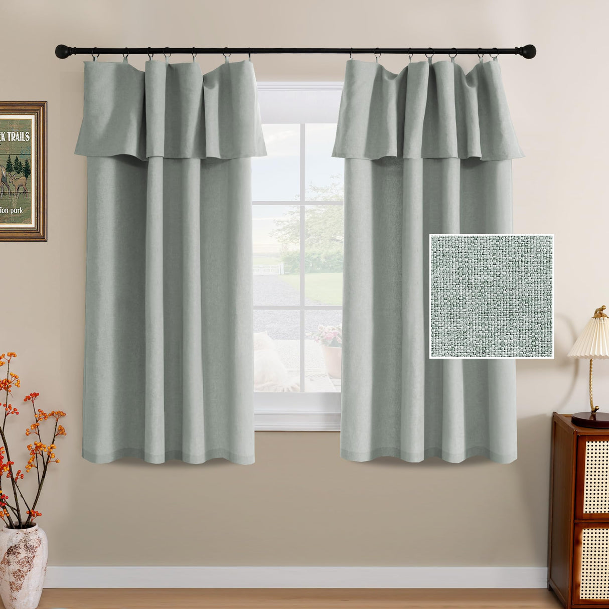 H.VERSAILTEX Linen Curtains with Valance 84 Inch Long 2 Panels Farmhouse Boho Privacy Window Curtains for Living Room Bedroom Ring/Rod Pocket Privacy Light Filtering Drapes, 52x 84 Inch, Heather Sage