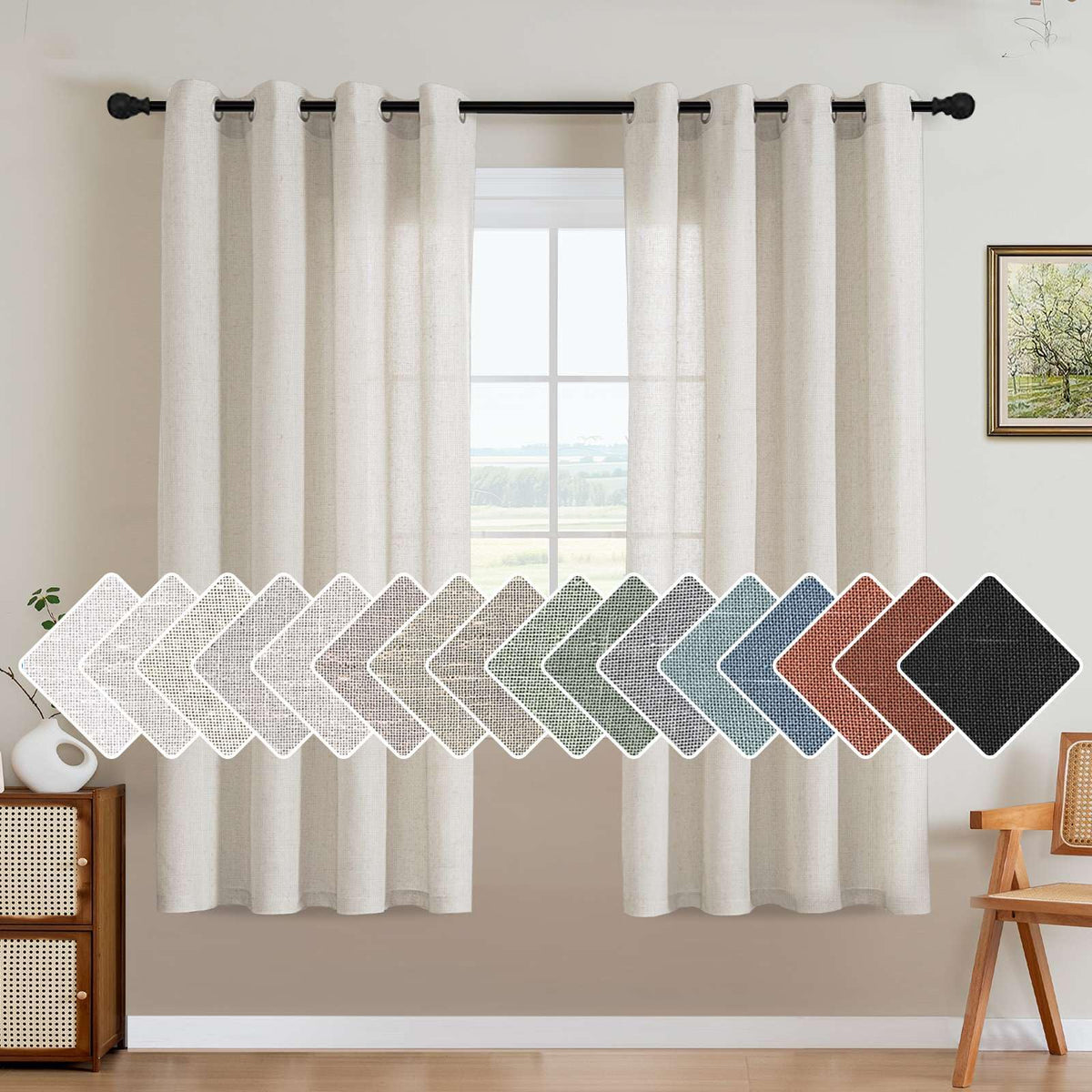 H.VERSAILTEX Natural Linen Curtains 63 inches Long for Living Room 2 Panels Back Tab Loop Pocket Textured Light Filtering Semi Sheer Curtains Rustic Farmhouse Boho Curtain for Bedroom, Sea Grass
