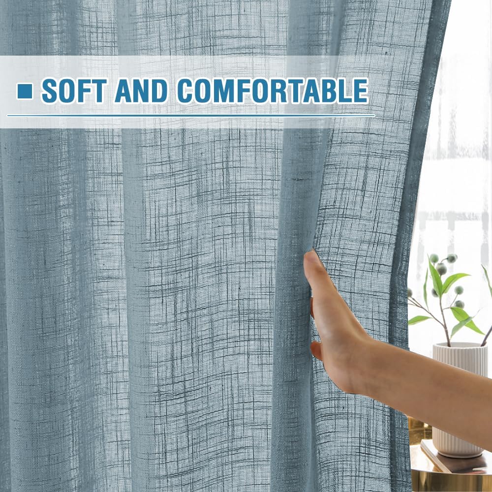 H.VERSAILTEX Linen Natural Linen Blended Curtains for Living Room Burlap Linen Textured Tab Top Curtain Energy Efficient Light Filtering Curtains (Set of 2, 52" x 84", Stone Blue)