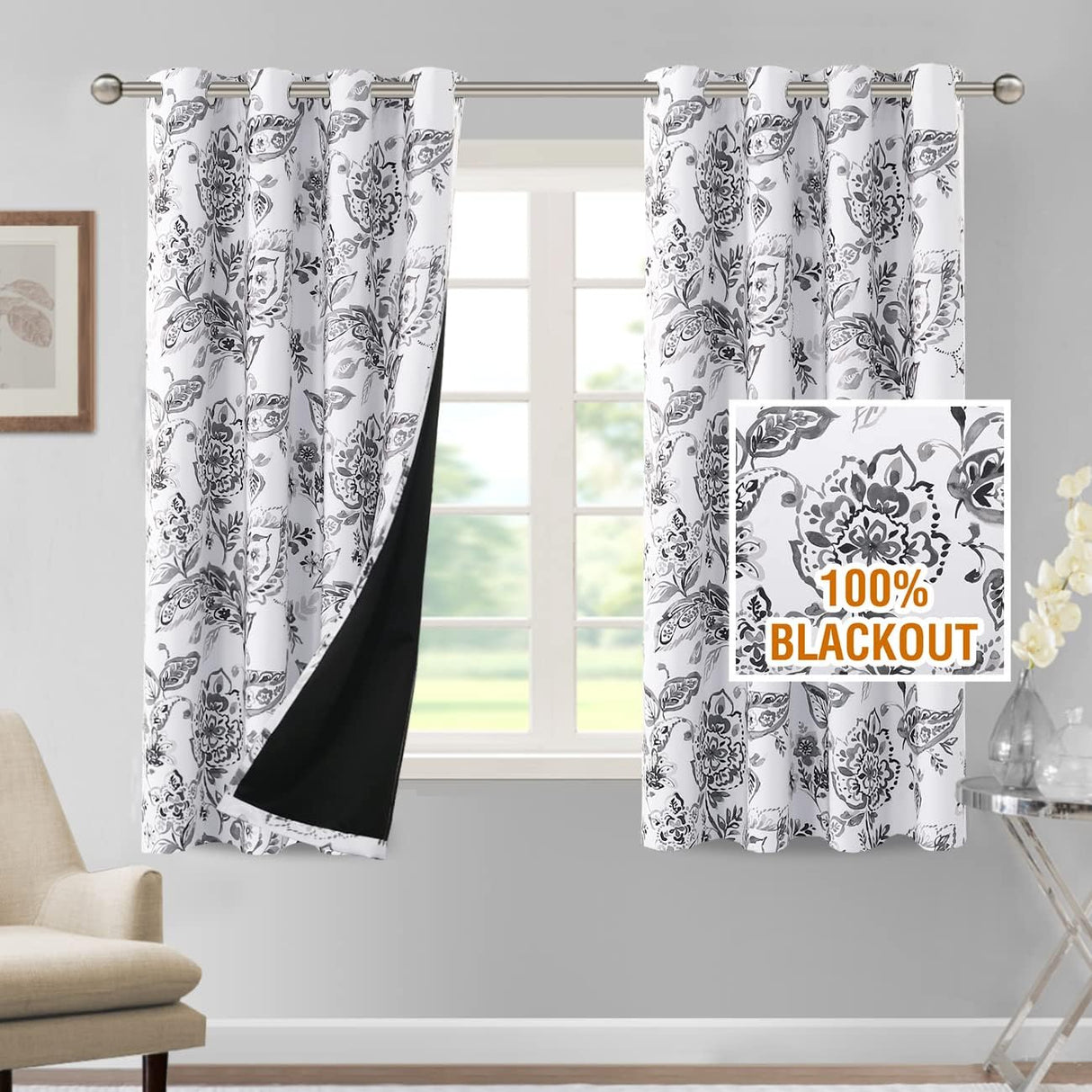 H.VERSAILTEX 100% Blackout Curtains for Living Room Camellia Floral Thermal Insulated Grommet Window Drapes 2 Panels