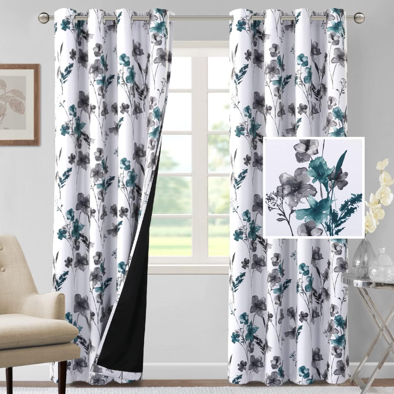 H.VERSAILTEX 100% Blackout Curtains for Living Room Camellia Floral Thermal Insulated Grommet Window Drapes 2 Panels