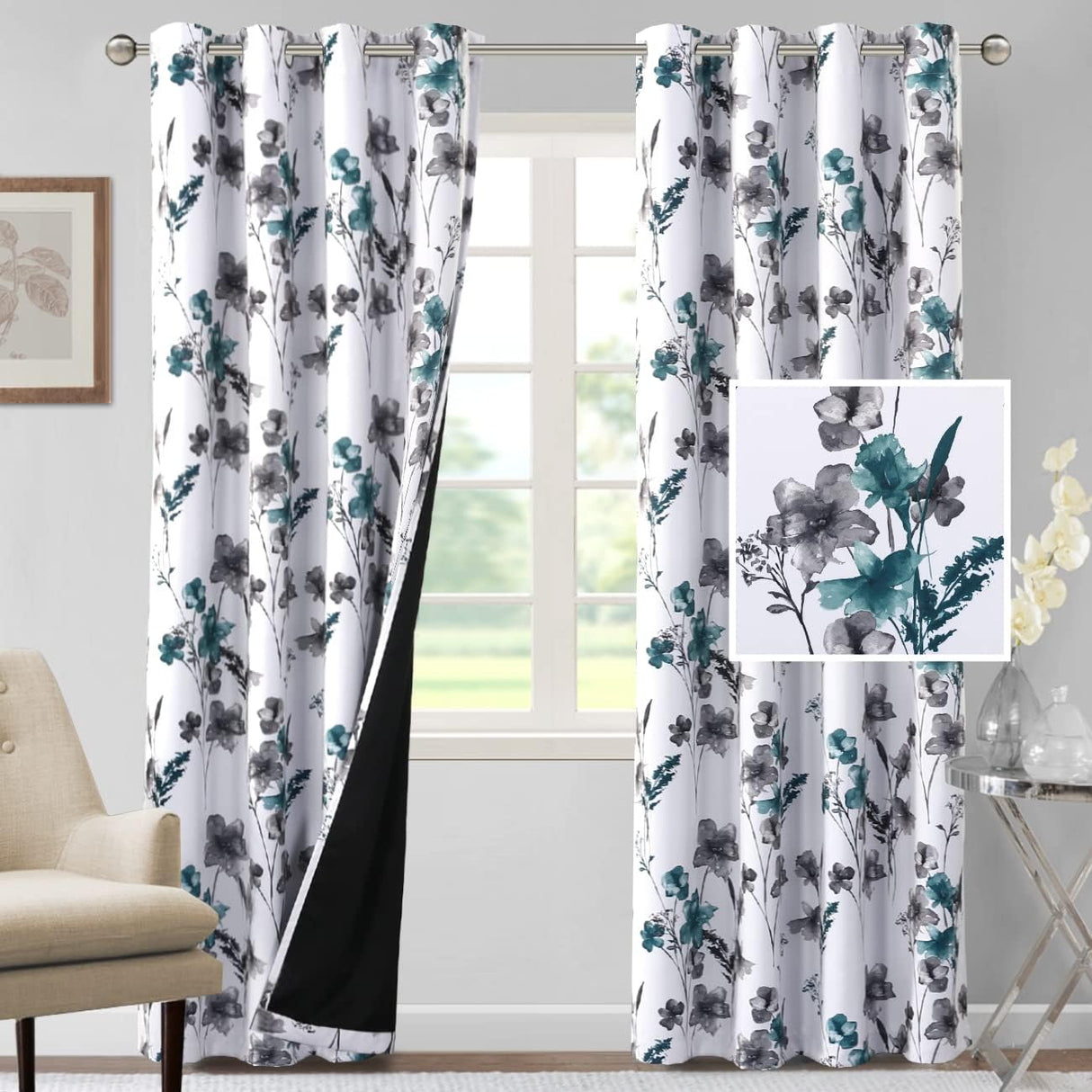 H.VERSAILTEX 100% Blackout Curtains for Living Room Camellia Floral Thermal Insulated Grommet Window Drapes 2 Panels
