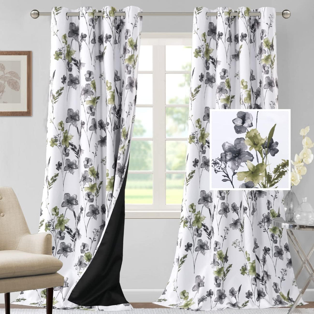 H.VERSAILTEX 100% Blackout Curtains for Living Room Camellia Floral Thermal Insulated Grommet Window Drapes 2 Panels