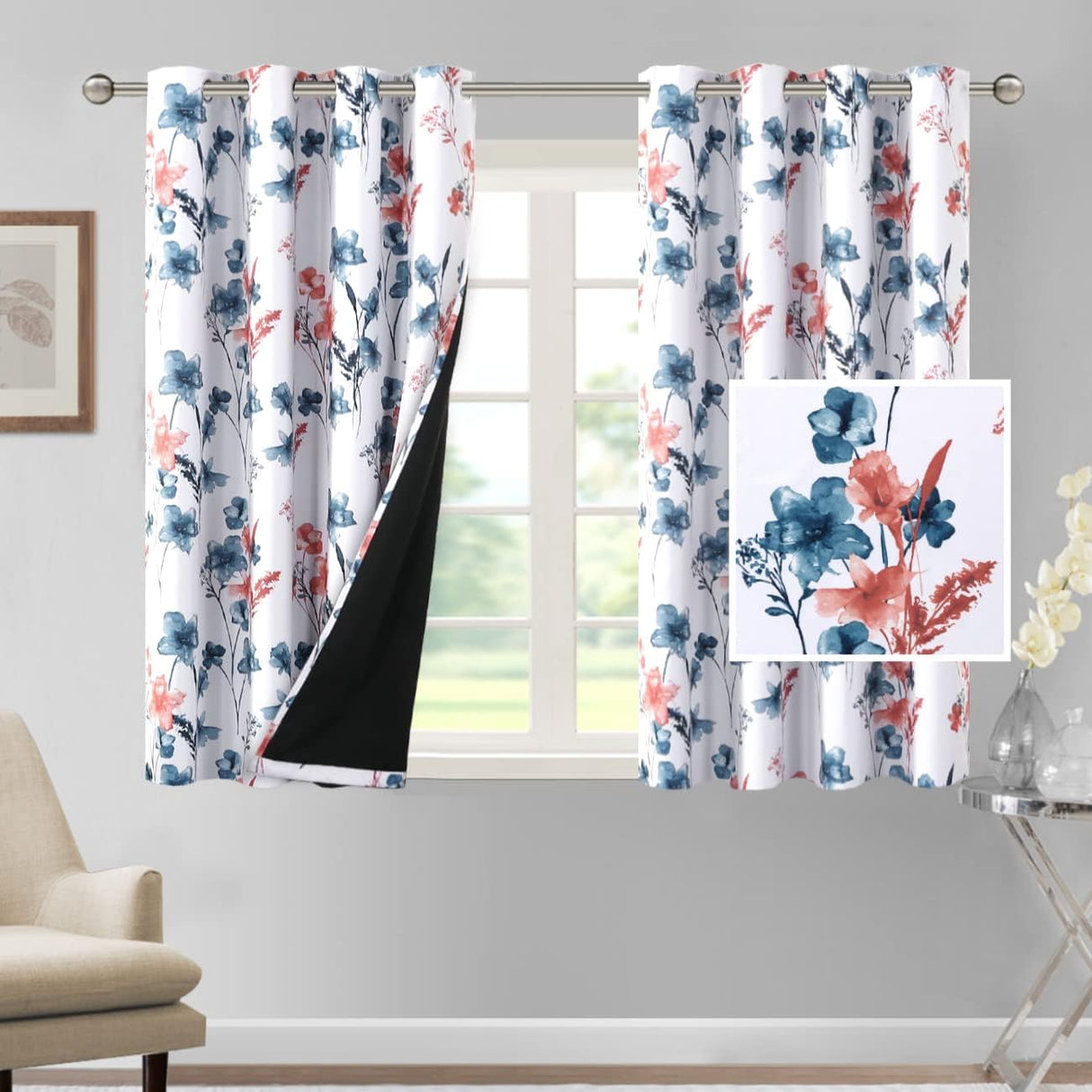 H.VERSAILTEX 100% Blackout Curtains for Living Room Camellia Floral Thermal Insulated Grommet Window Drapes 2 Panels